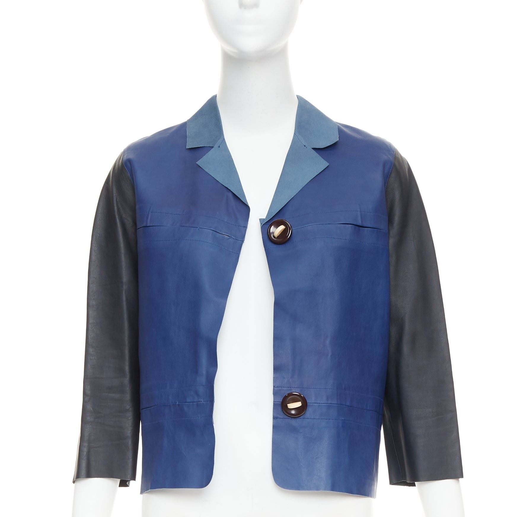 Marni MARNI blue black colorblocked calf leather geometric buttons cropped jacket IT40 S Size S / US 4 / IT 40 - 3 Thumbnail