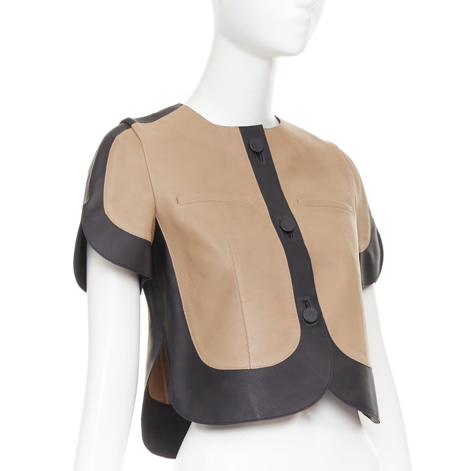 Marni MARNI tan black calf leather curved panel petal sleeves cropped jacket IT38 XS Size XS / US 0-2 / IT 36-38 - 3 Thumbnail