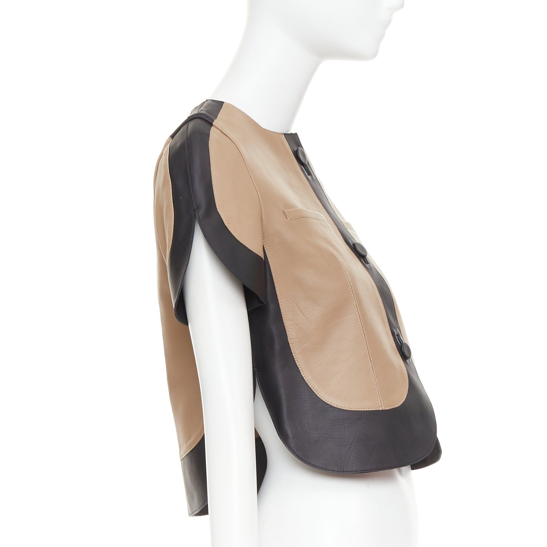 Marni MARNI tan black calf leather curved panel petal sleeves cropped jacket IT38 XS Size XS / US 0-2 / IT 36-38 - 4 Thumbnail