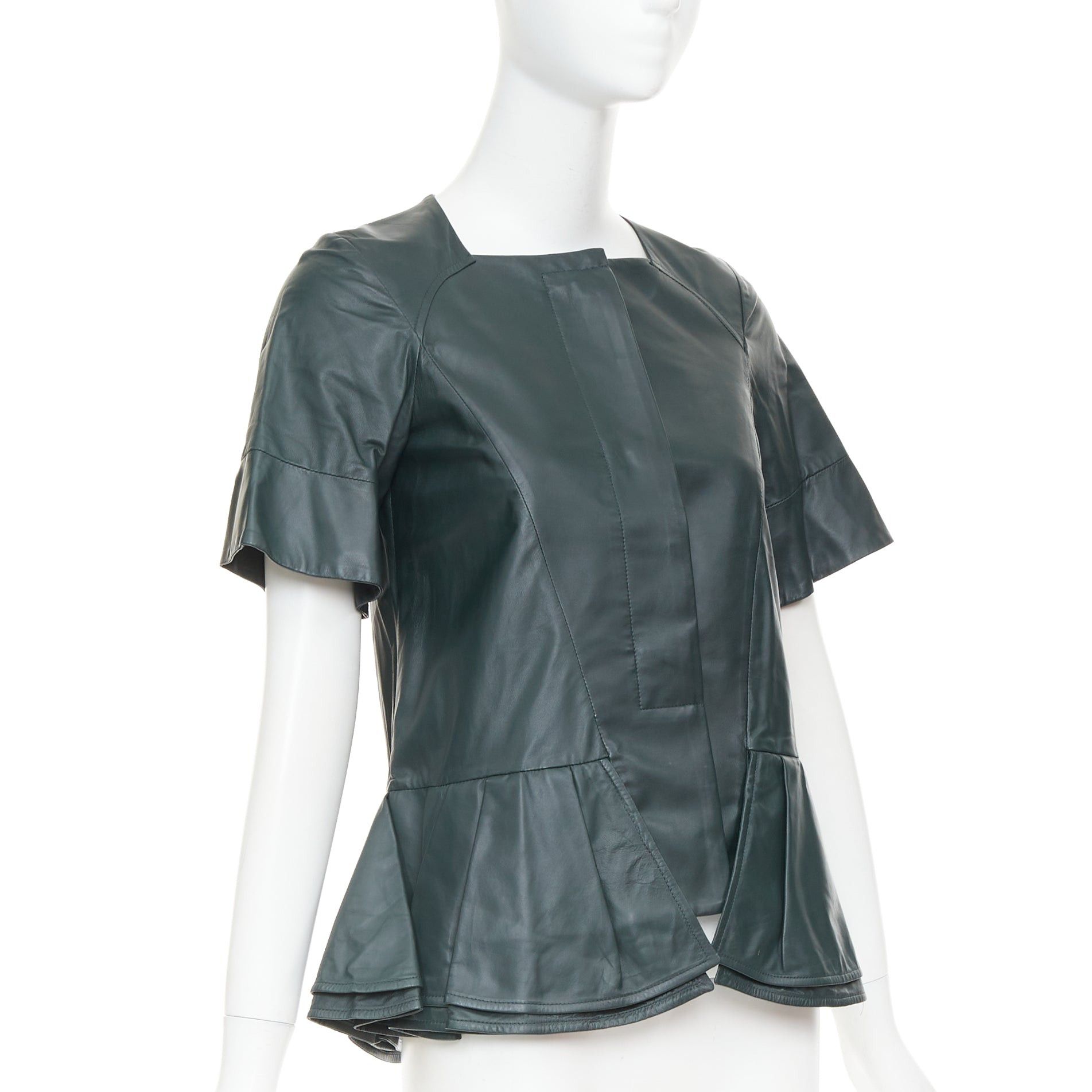 Marni MARNI dark green nappa lamb leather panelled ruffled peplum jacket IT38 XS Size XS / US 0-2 / IT 36-38 - 3 Thumbnail