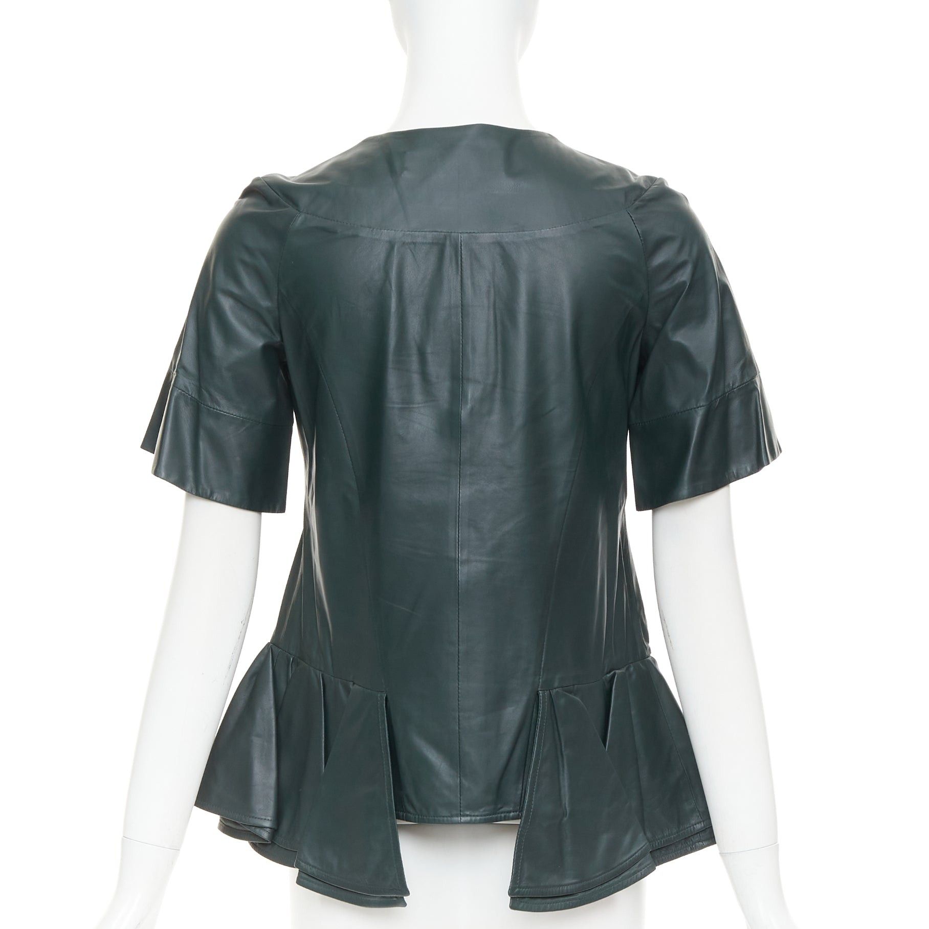 Marni MARNI dark green nappa lamb leather panelled ruffled peplum jacket IT38 XS Size XS / US 0-2 / IT 36-38 - 5 Thumbnail