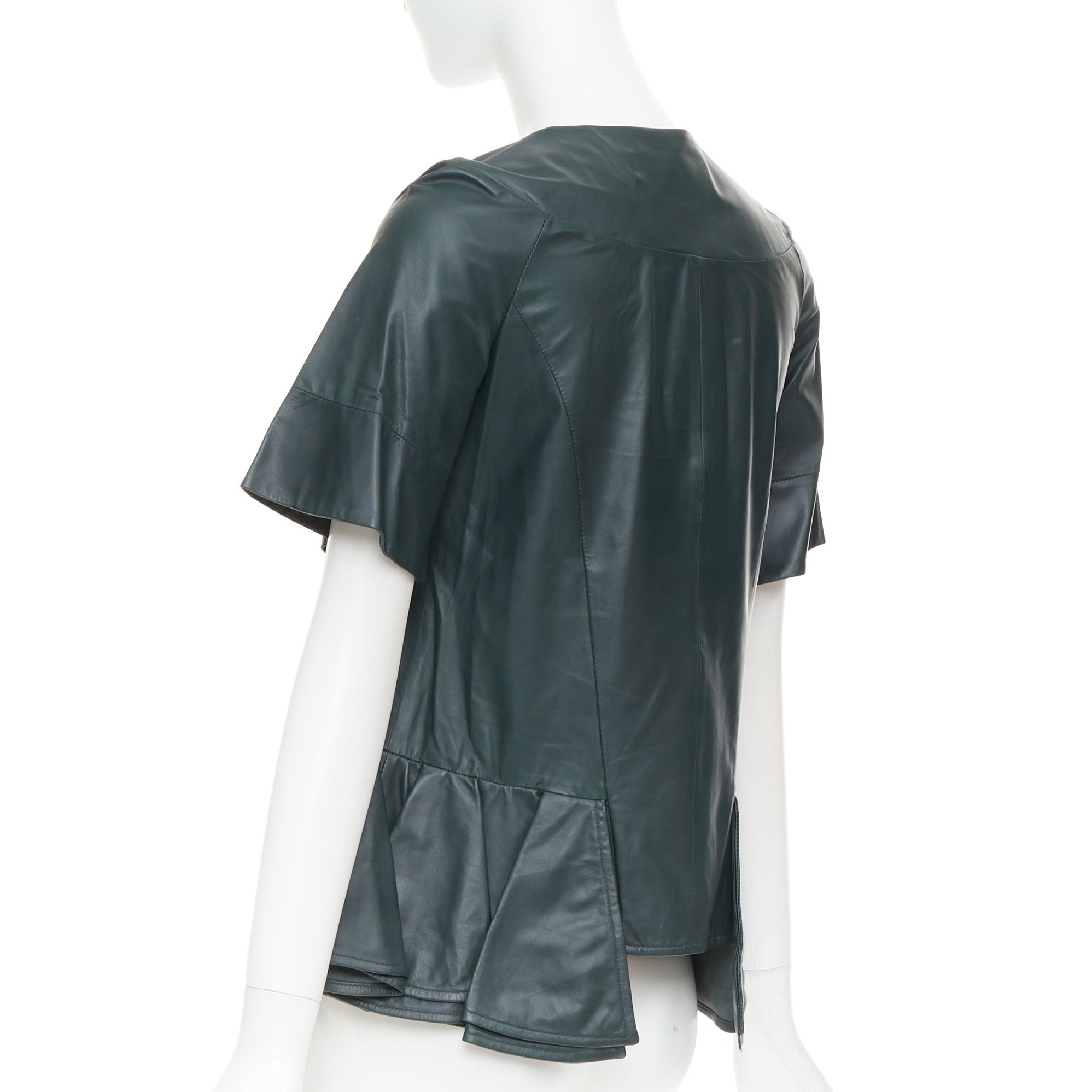 Marni MARNI dark green nappa lamb leather panelled ruffled peplum jacket IT38 XS Size XS / US 0-2 / IT 36-38 - 6 Thumbnail