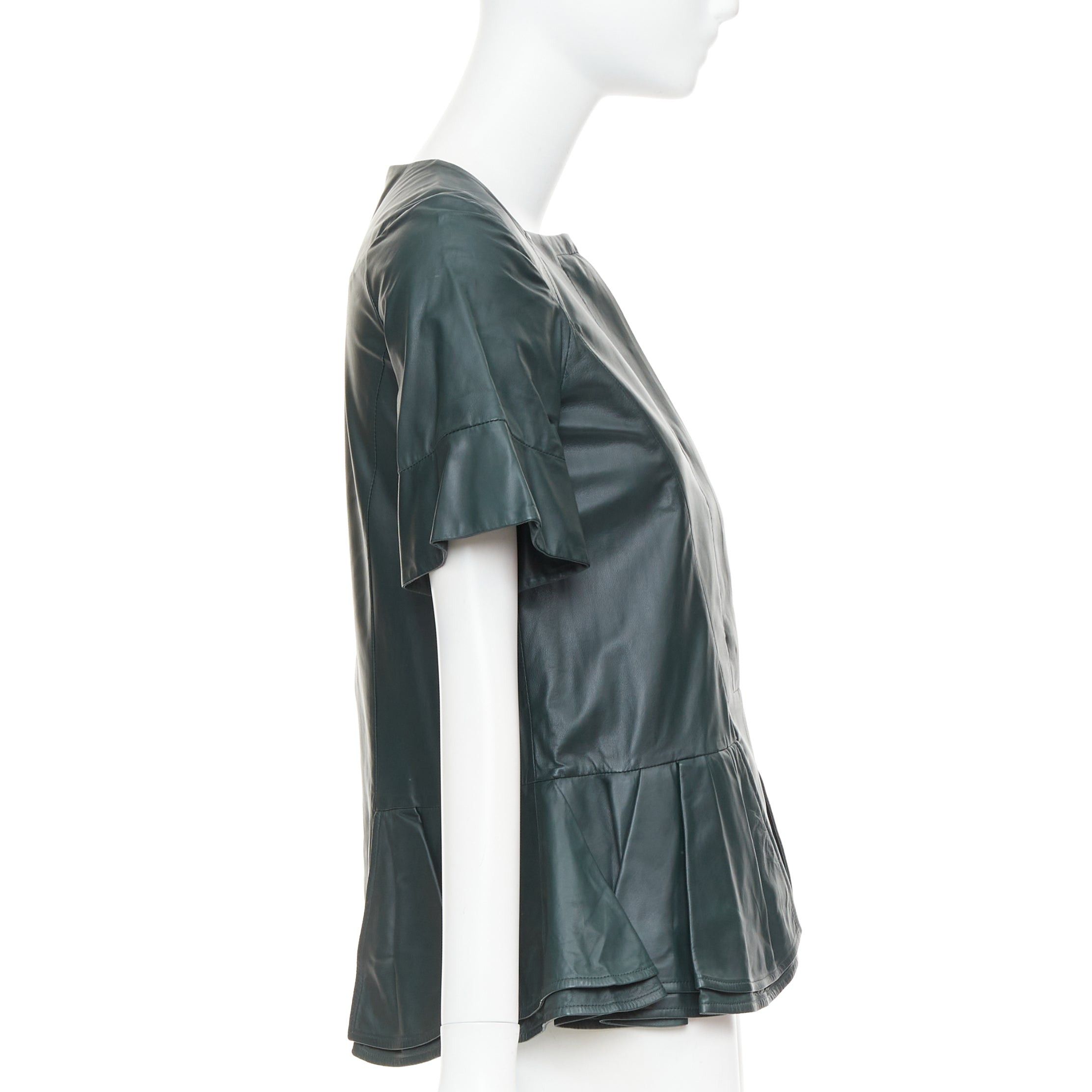 Marni MARNI dark green nappa lamb leather panelled ruffled peplum jacket IT38 XS Size XS / US 0-2 / IT 36-38 - 4 Thumbnail