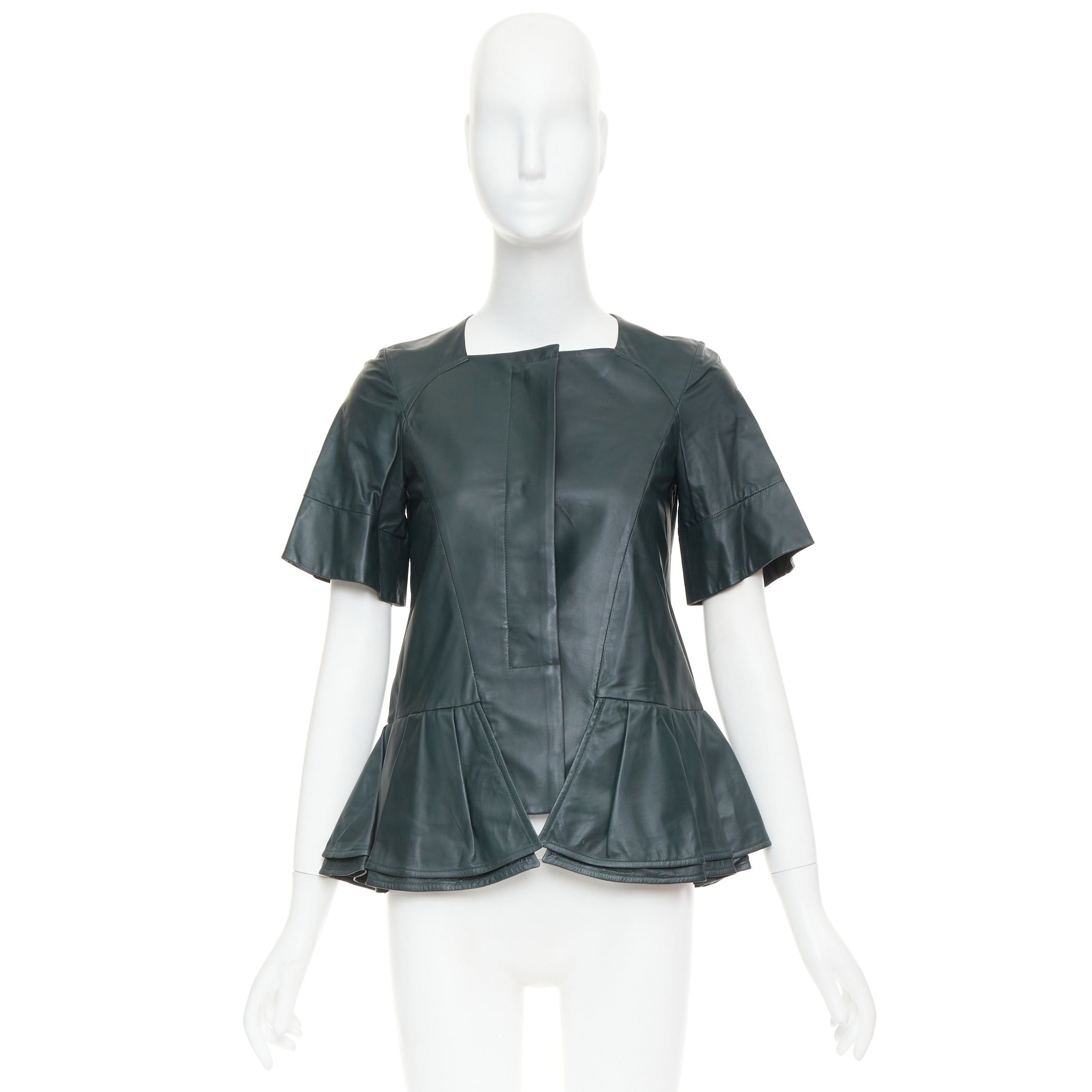 Marni MARNI dark green nappa lamb leather panelled ruffled peplum jacket IT38 XS Size XS / US 0-2 / IT 36-38 - 9 Thumbnail