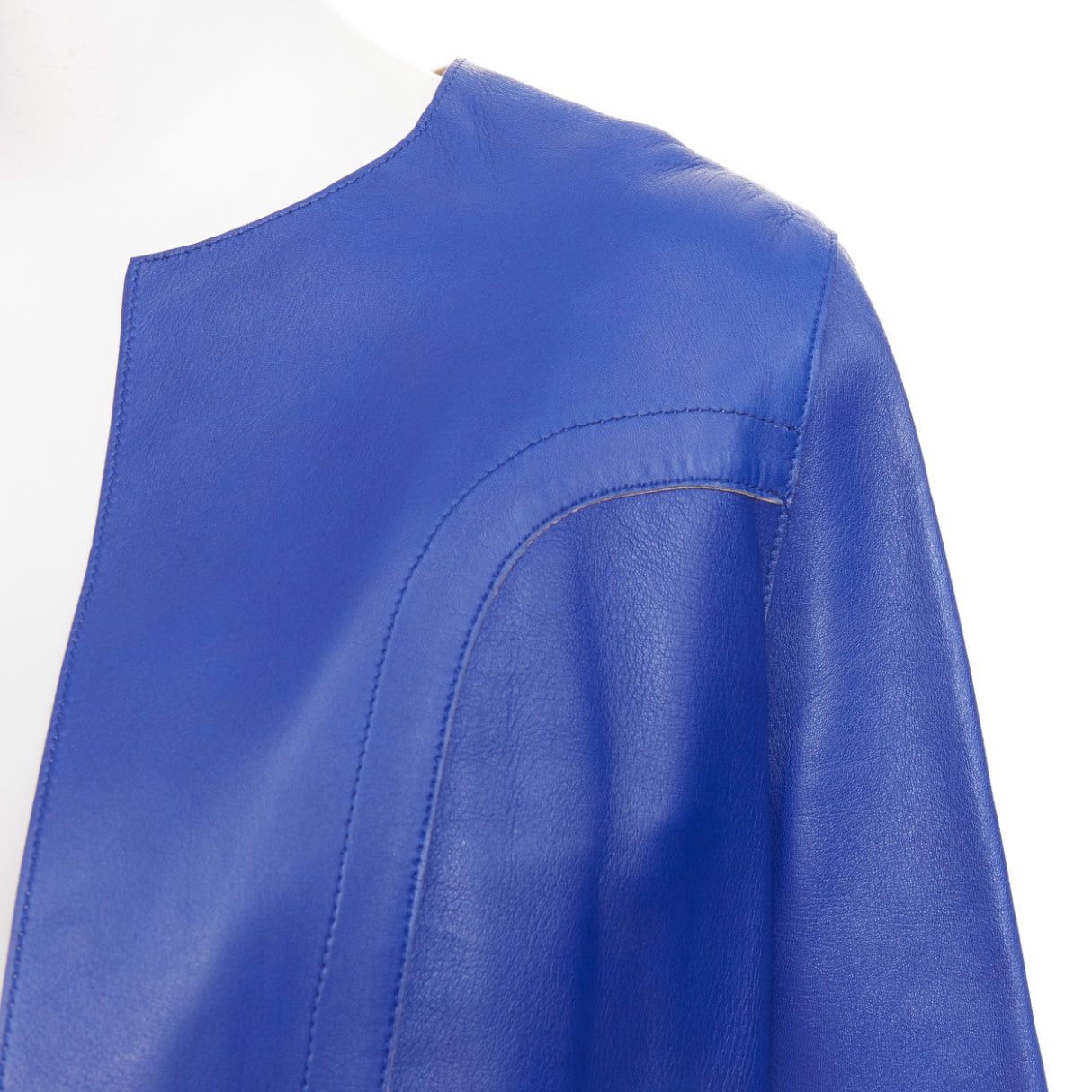 Marni MARNI cobalt blue beige lined lamb leather rounded sleeve cropped jacket IT38 XS Size XS / US 0-2 / IT 36-38 - 7 Thumbnail