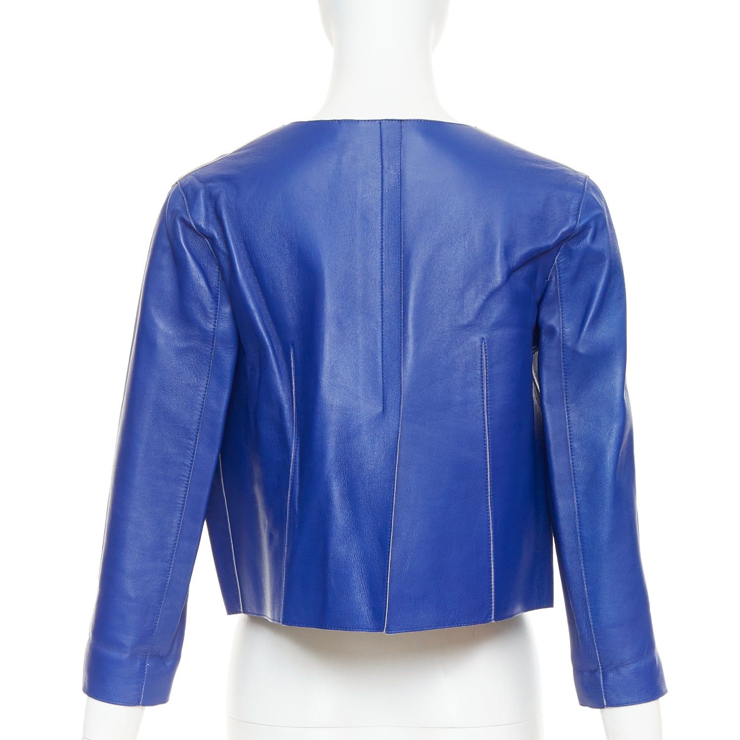 Marni MARNI cobalt blue beige lined lamb leather rounded sleeve cropped jacket IT38 XS Size XS / US 0-2 / IT 36-38 - 5 Thumbnail