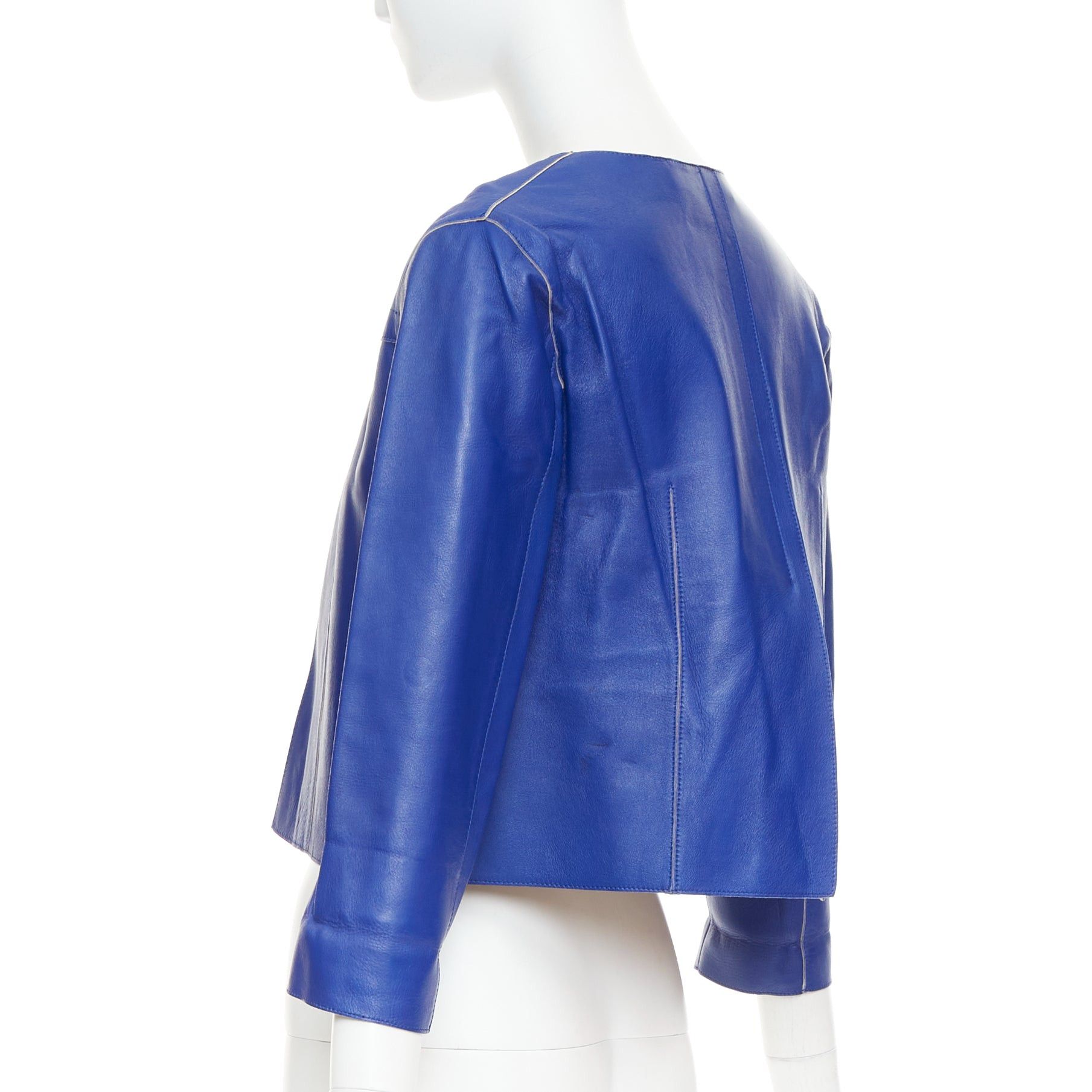 Marni MARNI cobalt blue beige lined lamb leather rounded sleeve cropped jacket IT38 XS Size XS / US 0-2 / IT 36-38 - 6 Thumbnail