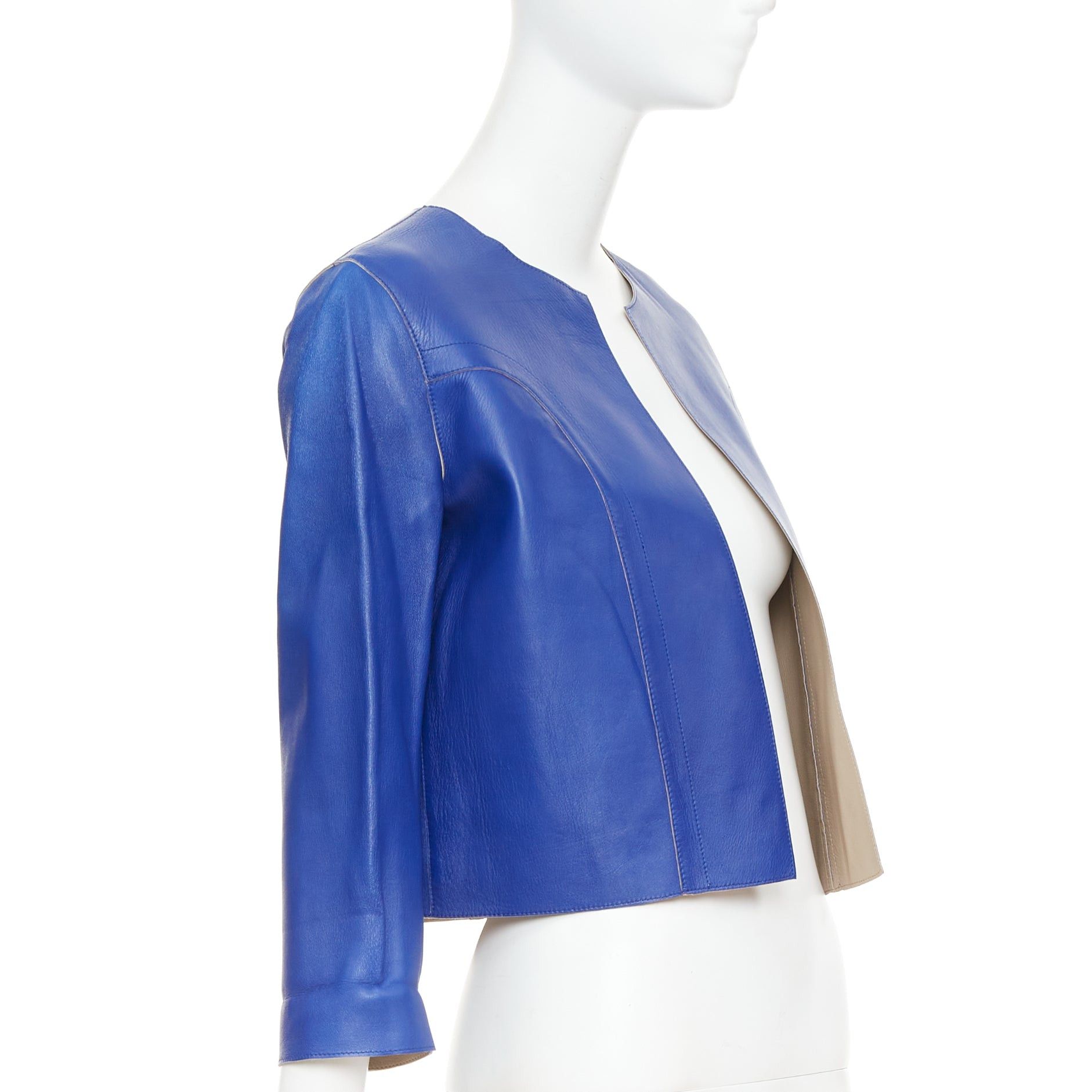Marni MARNI cobalt blue beige lined lamb leather rounded sleeve cropped jacket IT38 XS Size XS / US 0-2 / IT 36-38 - 3 Thumbnail