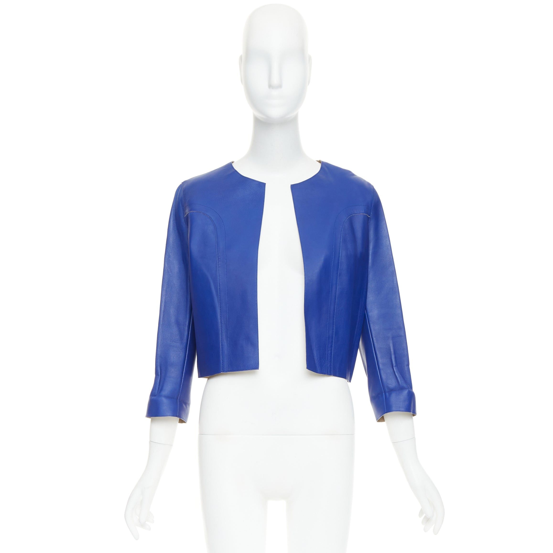 Marni MARNI cobalt blue beige lined lamb leather rounded sleeve cropped jacket IT38 XS Size XS / US 0-2 / IT 36-38 - 9 Thumbnail