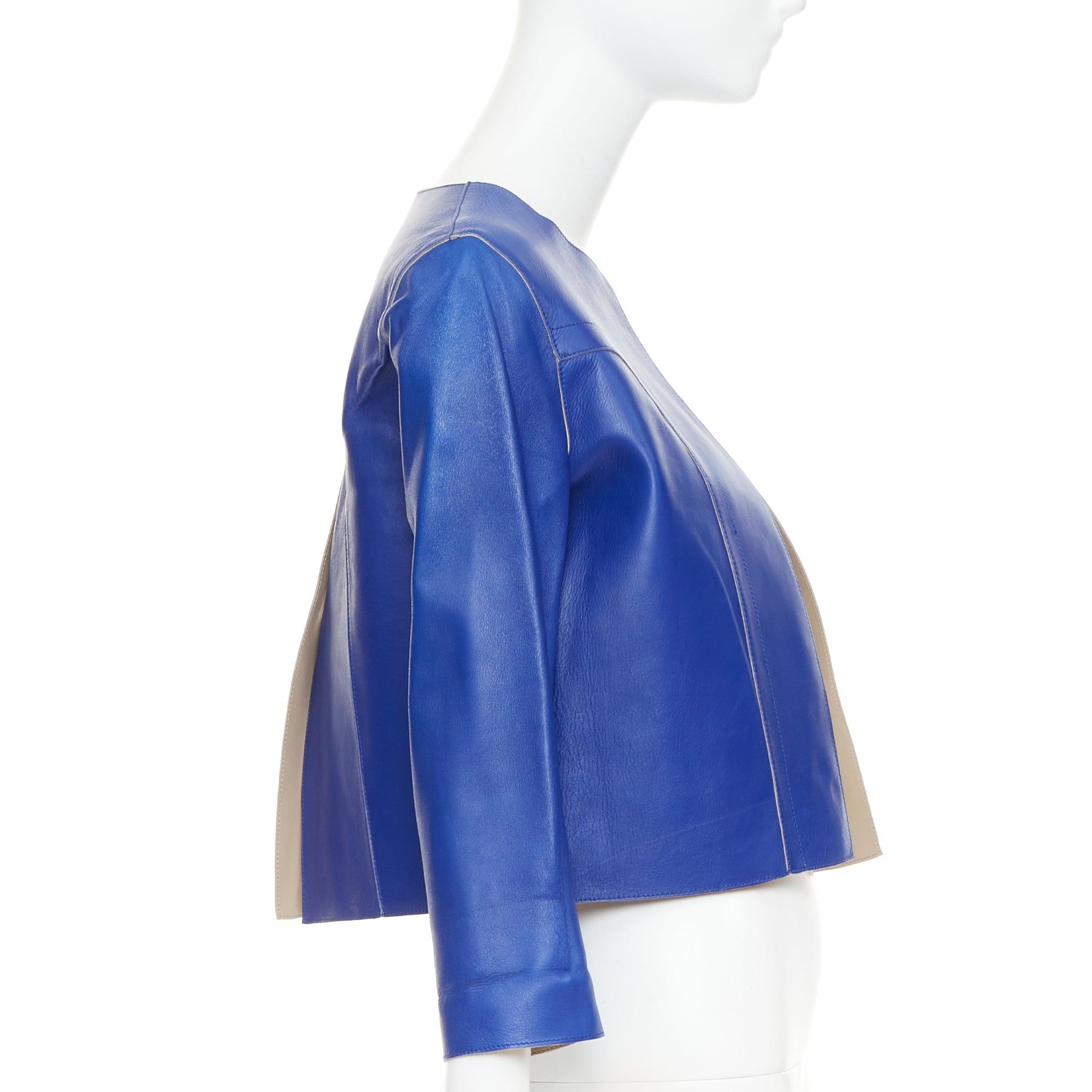Marni MARNI cobalt blue beige lined lamb leather rounded sleeve cropped jacket IT38 XS Size XS / US 0-2 / IT 36-38 - 4 Thumbnail