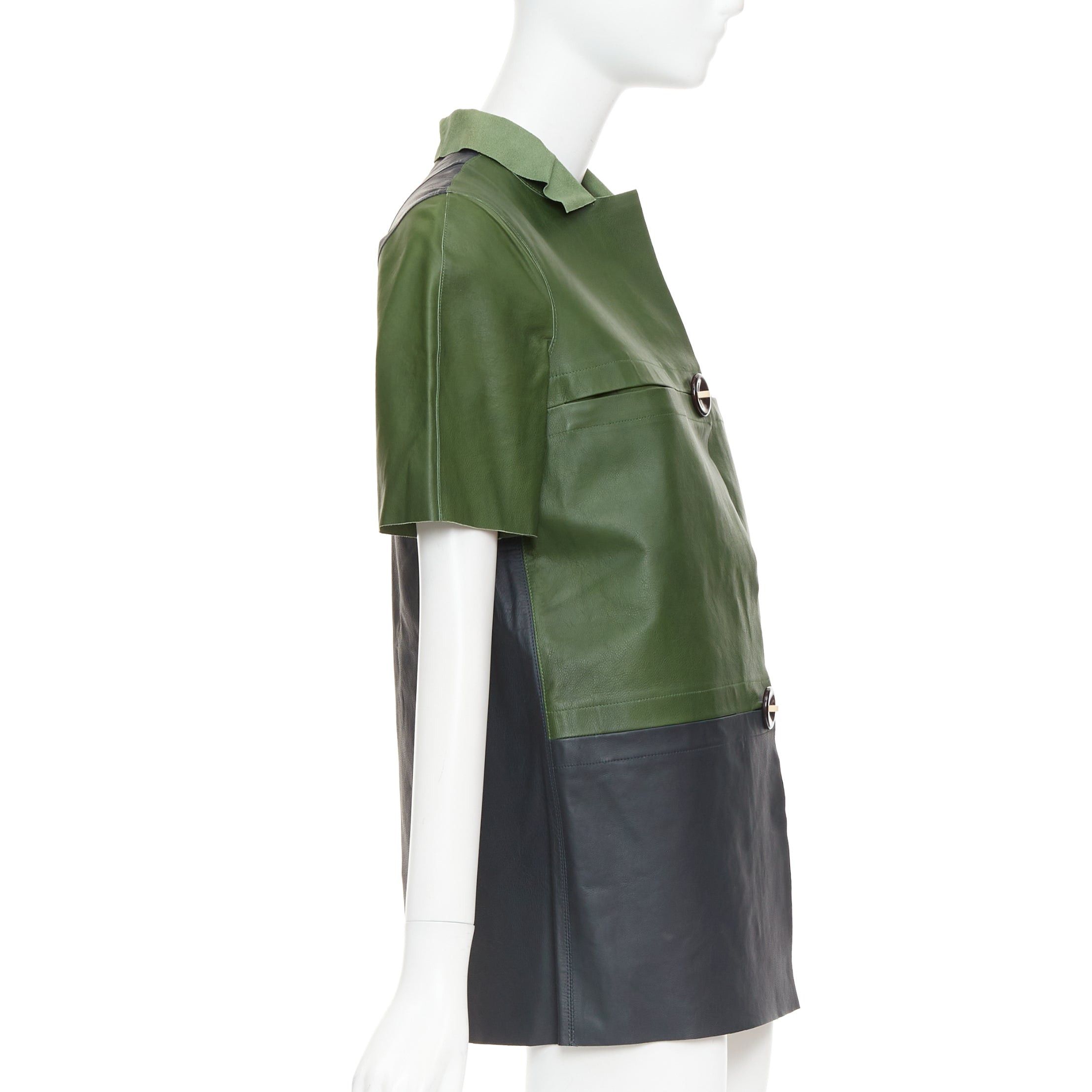 Marni MARNI 2012 green navy calf leather geometric buttons round sleeve coat IT38 XS Size XS / US 0-2 / IT 36-38 - 5 Thumbnail