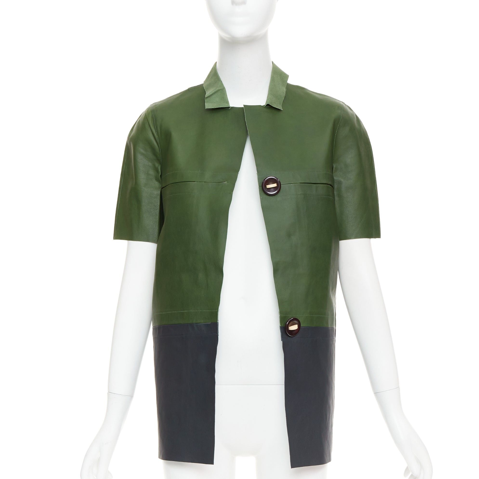 Marni MARNI 2012 green navy calf leather geometric buttons round sleeve coat IT38 XS Size XS / US 0-2 / IT 36-38 - 3 Thumbnail