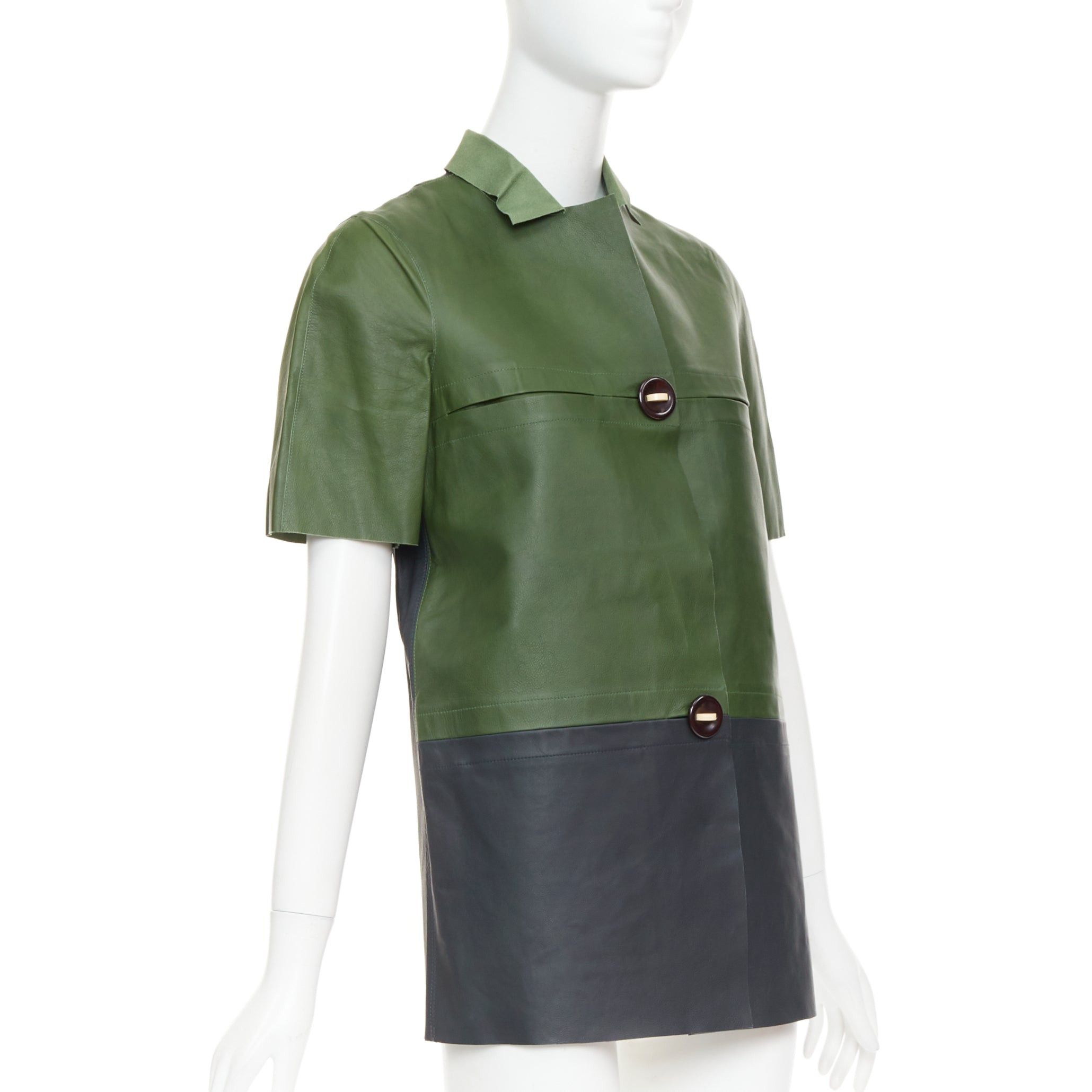 Marni MARNI 2012 green navy calf leather geometric buttons round sleeve coat IT38 XS Size XS / US 0-2 / IT 36-38 - 4 Thumbnail