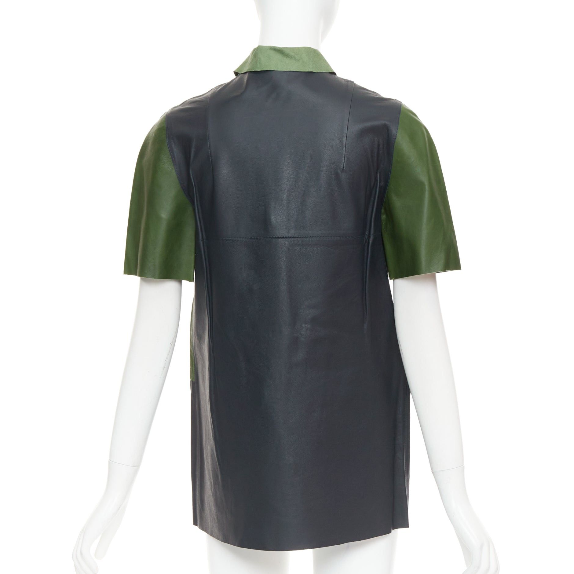Marni MARNI 2012 green navy calf leather geometric buttons round sleeve coat IT38 XS Size XS / US 0-2 / IT 36-38 - 6 Thumbnail