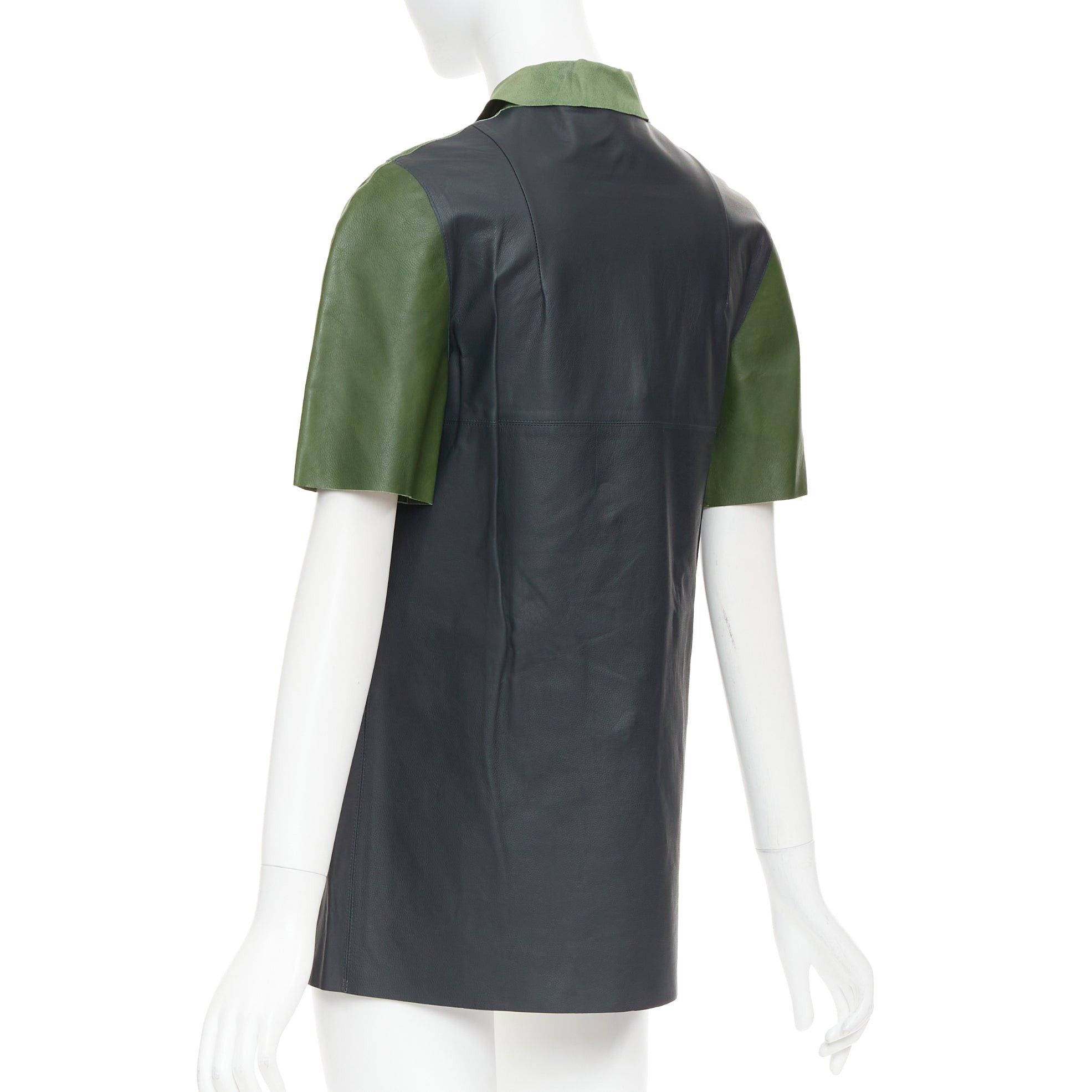 Marni MARNI 2012 green navy calf leather geometric buttons round sleeve coat IT38 XS Size XS / US 0-2 / IT 36-38 - 7 Thumbnail