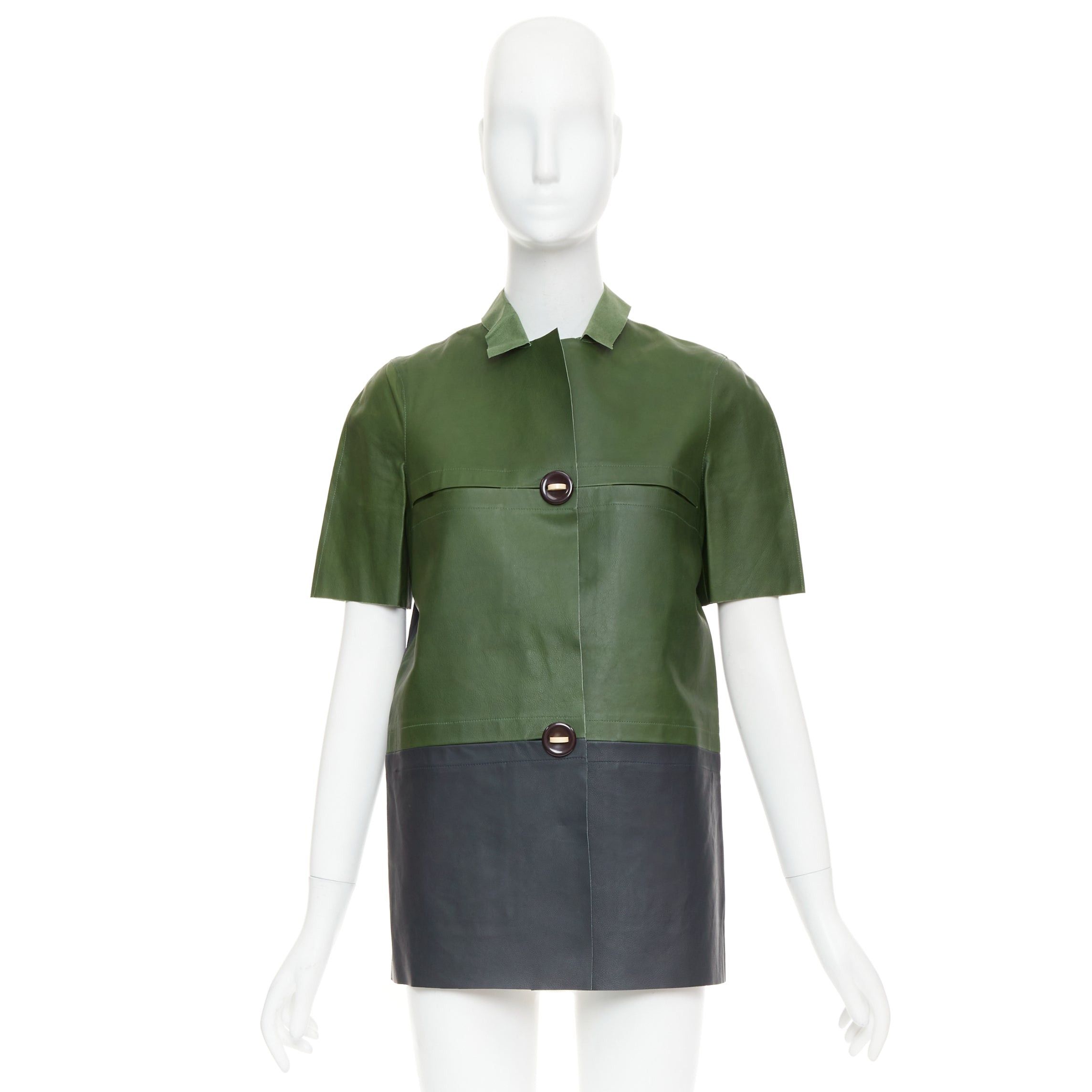 Marni MARNI 2012 green navy calf leather geometric buttons round sleeve coat IT38 XS Size XS / US 0-2 / IT 36-38 - 10 Thumbnail