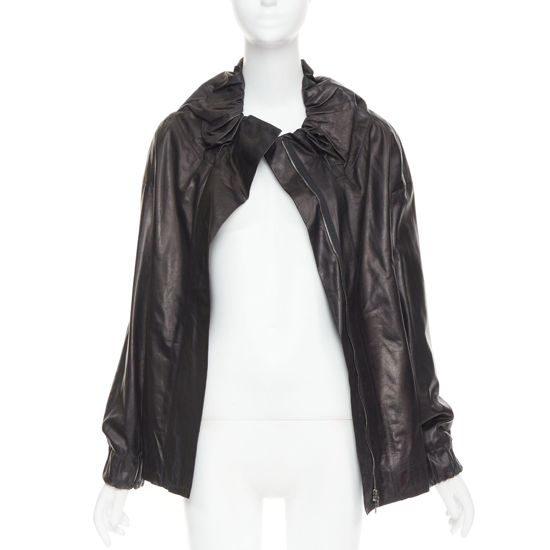 Marni MARNI black lamb leather gathered collar zip up oversized jacket IT42 M Size M / US 6-8 / IT 42-44 - 3 Thumbnail