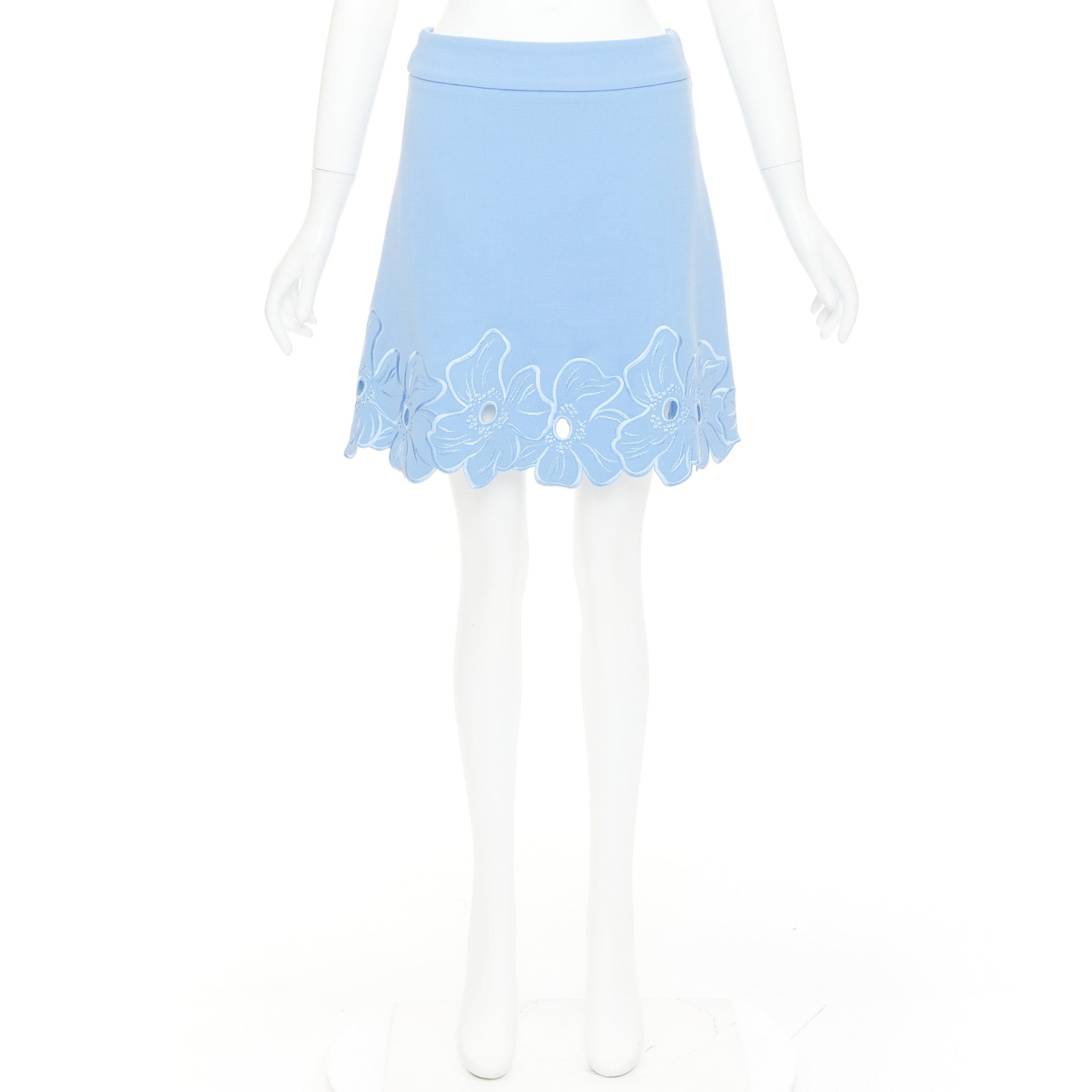 Dior CHRISTIAN DIOR powder blue wool crepe floral cutout embroidered hem mini skirt FR38 M Size 28" / US 6 / IT 42 - 9 Thumbnail