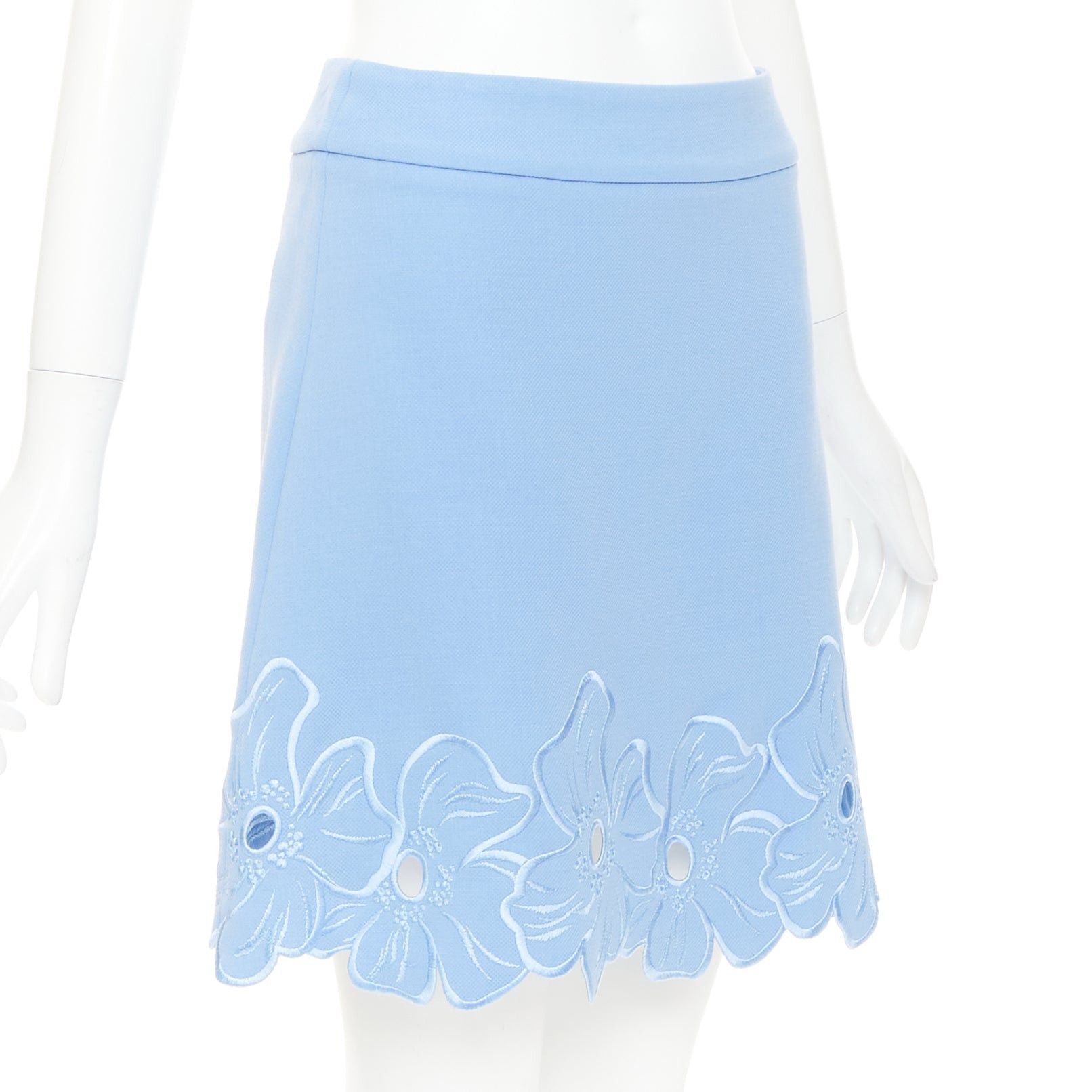 Dior CHRISTIAN DIOR powder blue wool crepe floral cutout embroidered hem mini skirt FR38 M Size 28" / US 6 / IT 42 - 2 Thumbnail