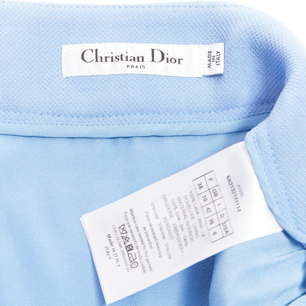Dior CHRISTIAN DIOR powder blue wool crepe floral cutout embroidered hem mini skirt FR38 M Size 28" / US 6 / IT 42 - 8 Thumbnail