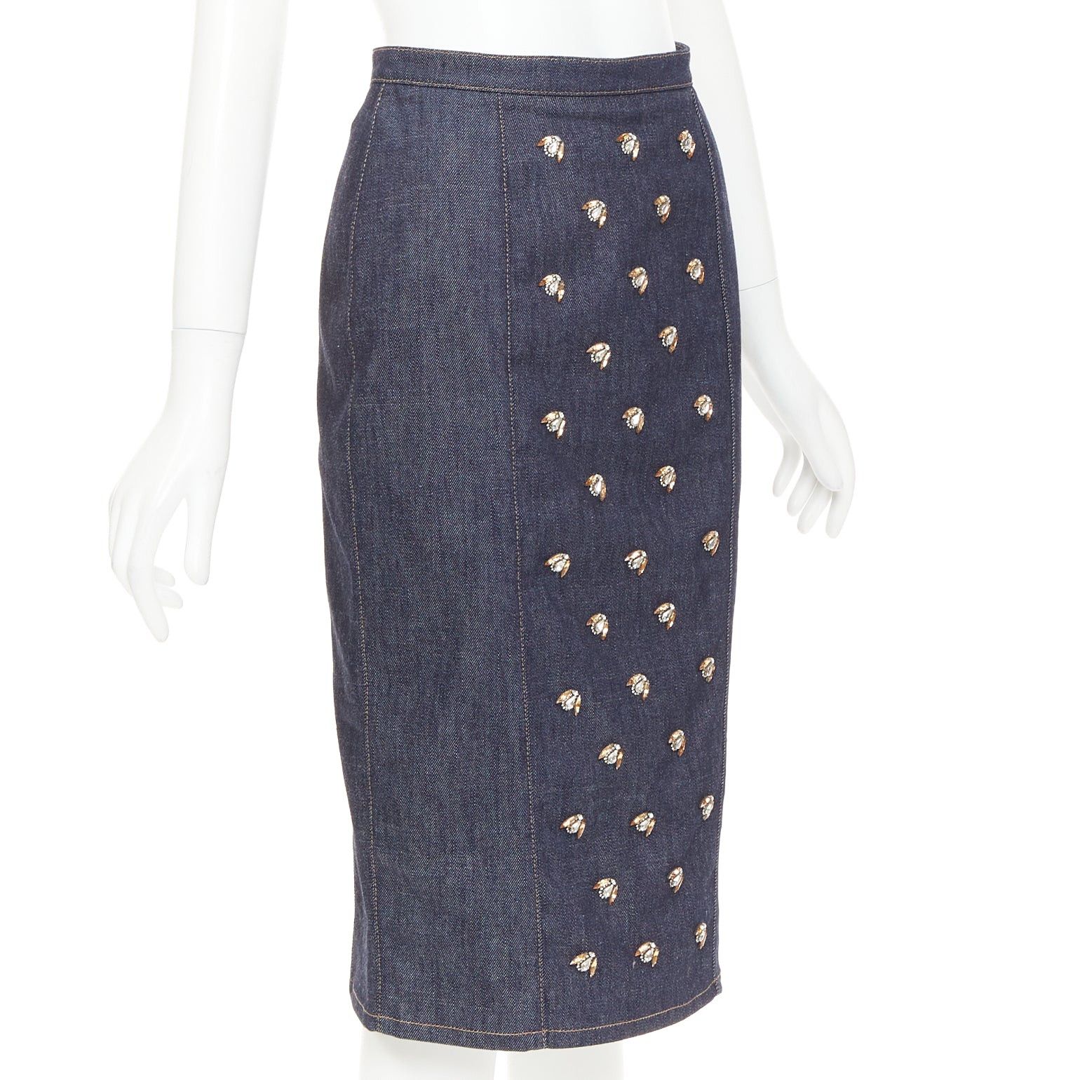 Dior CHRISTIAN DIOR indigo blue denim glass metal bead embellished high waist midi skirt FR36 S Size 27" / US 4 / IT 40 - 3 Thumbnail