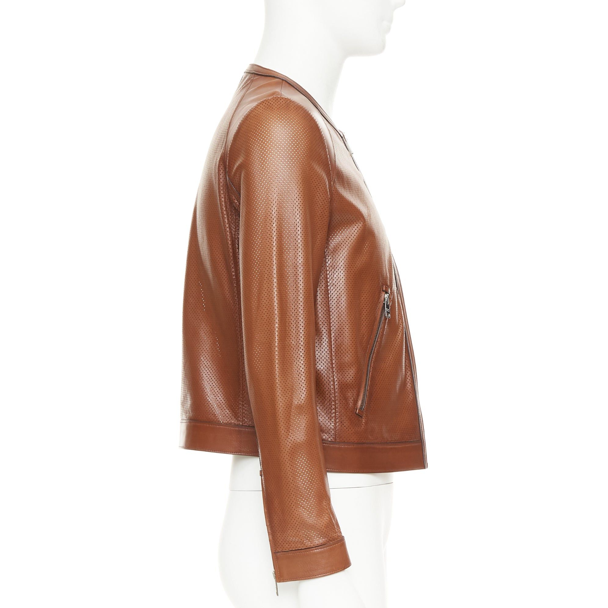 Prada PRADA 2013 brown perforated lambskin leather full zip collarless bomber jacket IT46 S Size US S / EU 44-46 / 1 - 5 Thumbnail