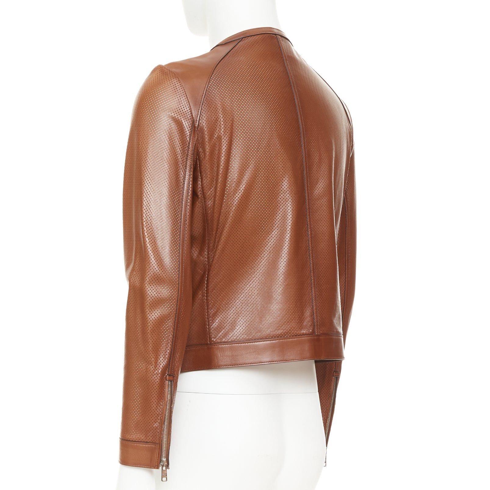 Prada PRADA 2013 brown perforated lambskin leather full zip collarless bomber jacket IT46 S Size US S / EU 44-46 / 1 - 7 Thumbnail