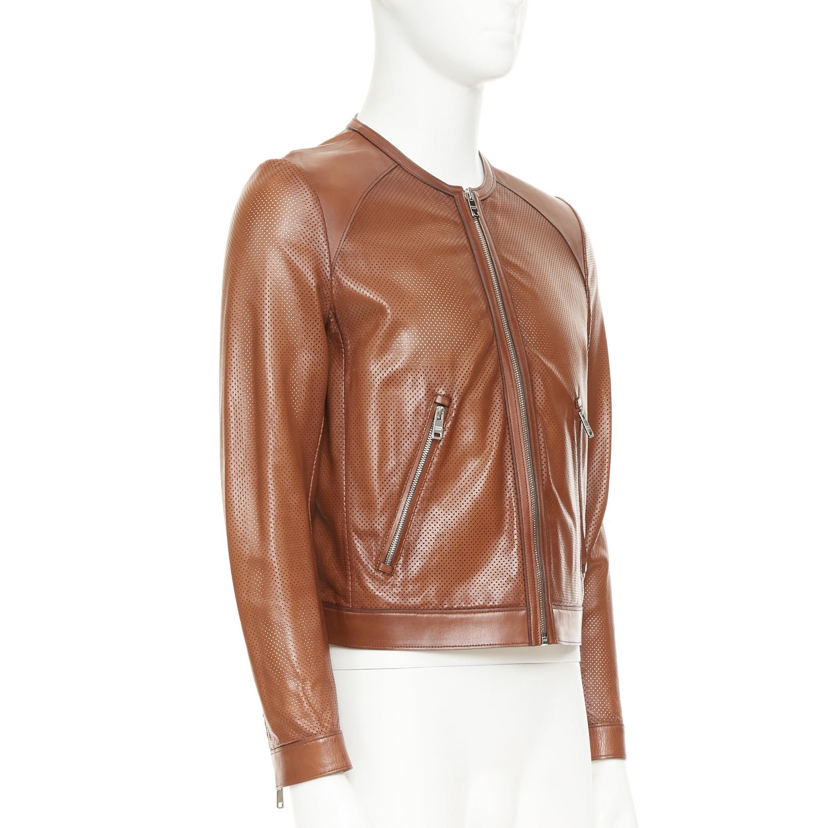 Prada PRADA 2013 brown perforated lambskin leather full zip collarless bomber jacket IT46 S Size US S / EU 44-46 / 1 - 4 Thumbnail