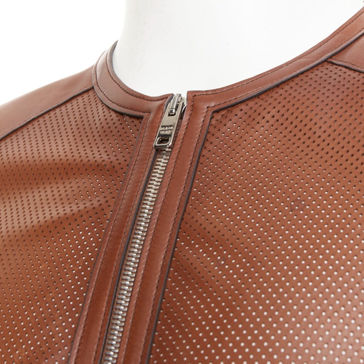 Prada PRADA 2013 brown perforated lambskin leather full zip collarless bomber jacket IT46 S Size US S / EU 44-46 / 1 - 2 Thumbnail