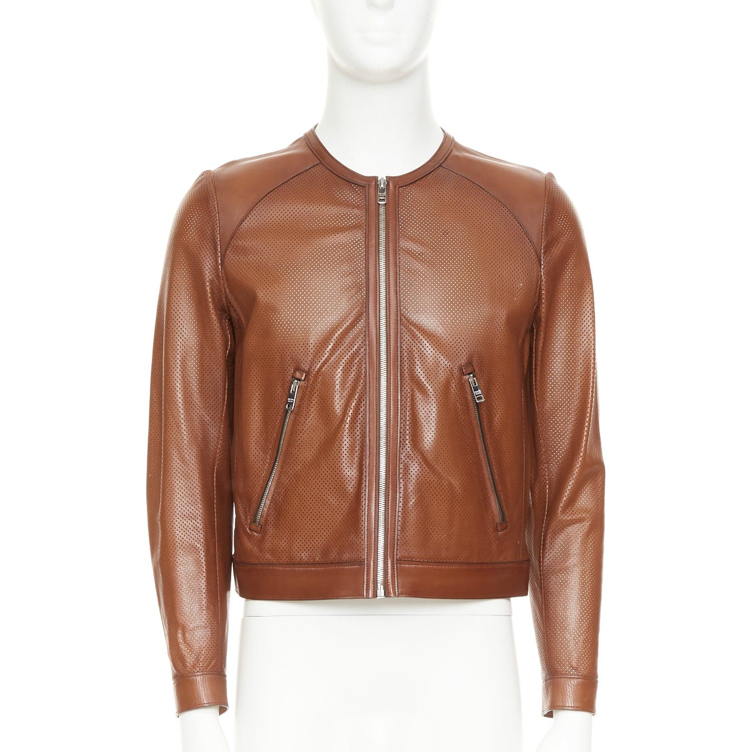 Prada PRADA 2013 brown perforated lambskin leather full zip collarless bomber jacket IT46 S Size US S / EU 44-46 / 1 - 3 Thumbnail