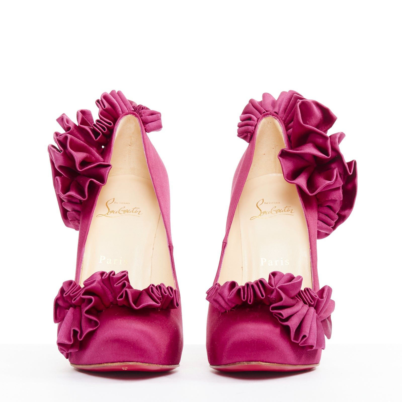 Christian Louboutin CHRISTIAN LOUBOUTIN Escandria 120 Satin cranberry pink ruffle platform pumps EU37.5 Size US 7.5 / IT 37.5 - 3 Thumbnail