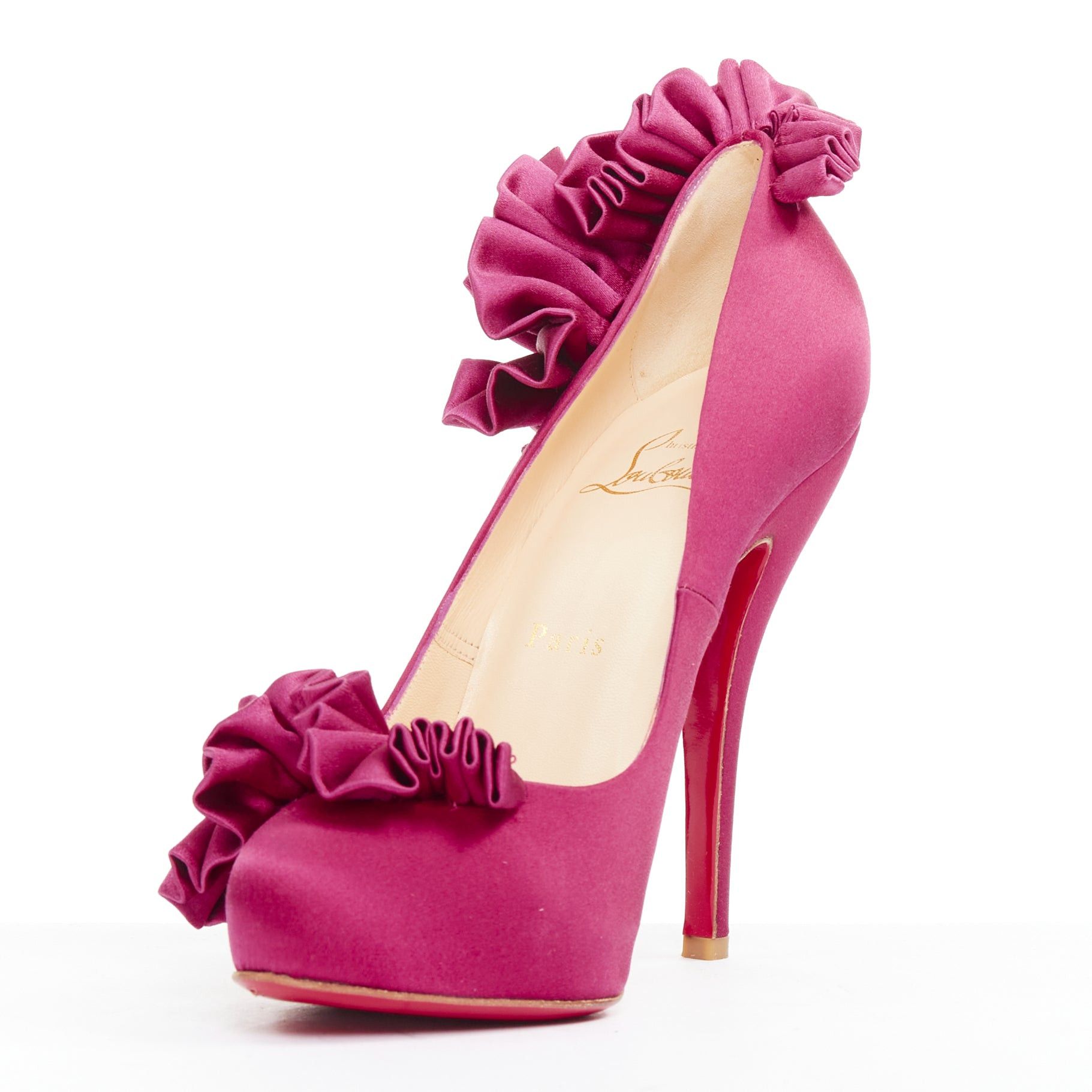 Christian Louboutin CHRISTIAN LOUBOUTIN Escandria 120 Satin cranberry pink ruffle platform pumps EU37.5 Size US 7.5 / IT 37.5 - 4 Thumbnail