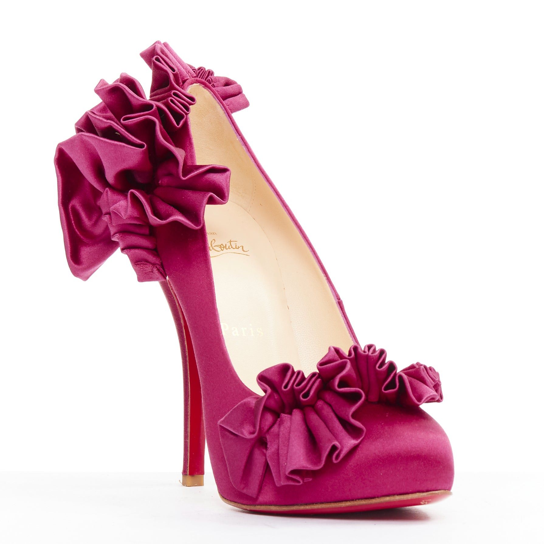 Christian Louboutin CHRISTIAN LOUBOUTIN Escandria 120 Satin cranberry pink ruffle platform pumps EU37.5 Size US 7.5 / IT 37.5 - 2 Thumbnail