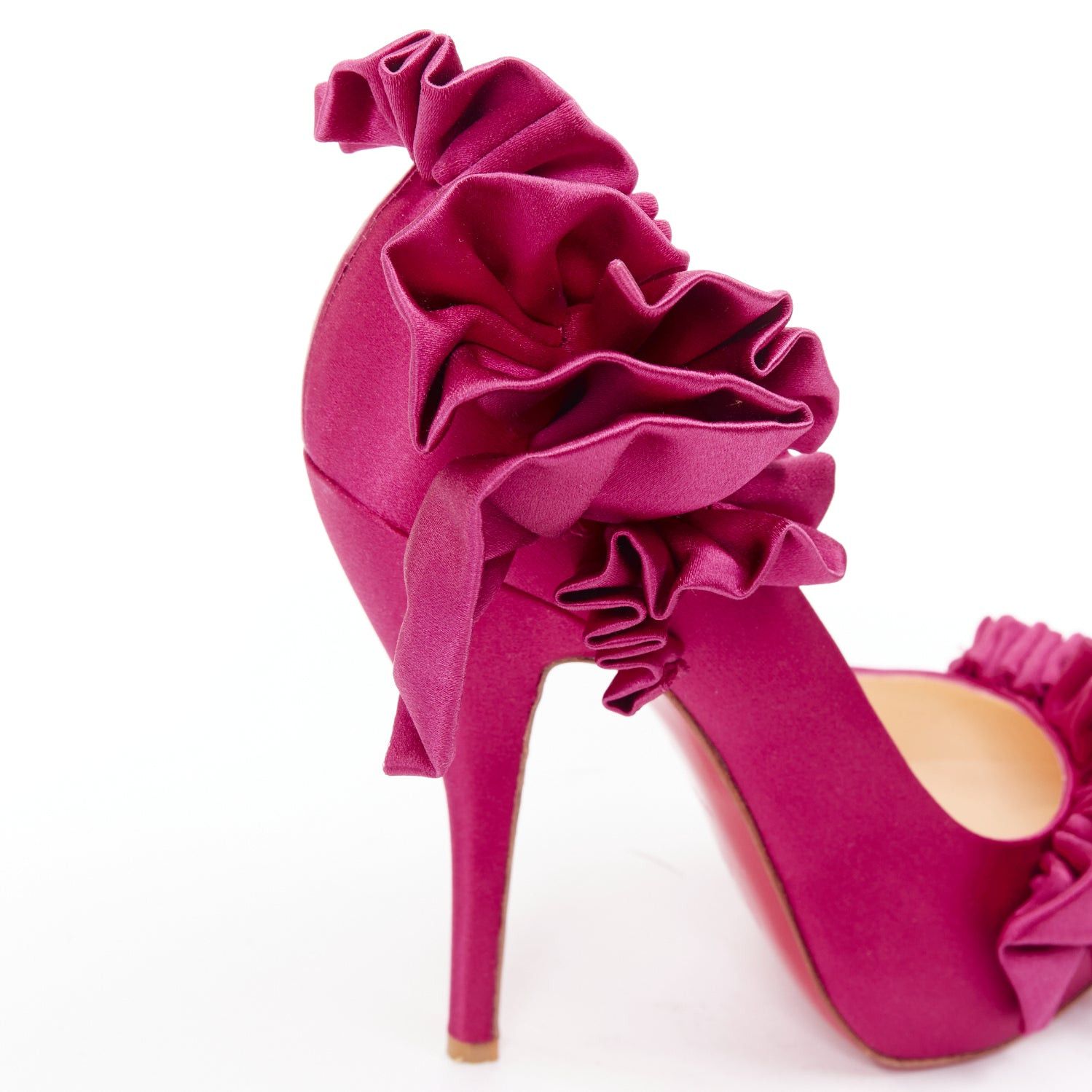 Christian Louboutin CHRISTIAN LOUBOUTIN Escandria 120 Satin cranberry pink ruffle platform pumps EU37.5 Size US 7.5 / IT 37.5 - 8 Thumbnail