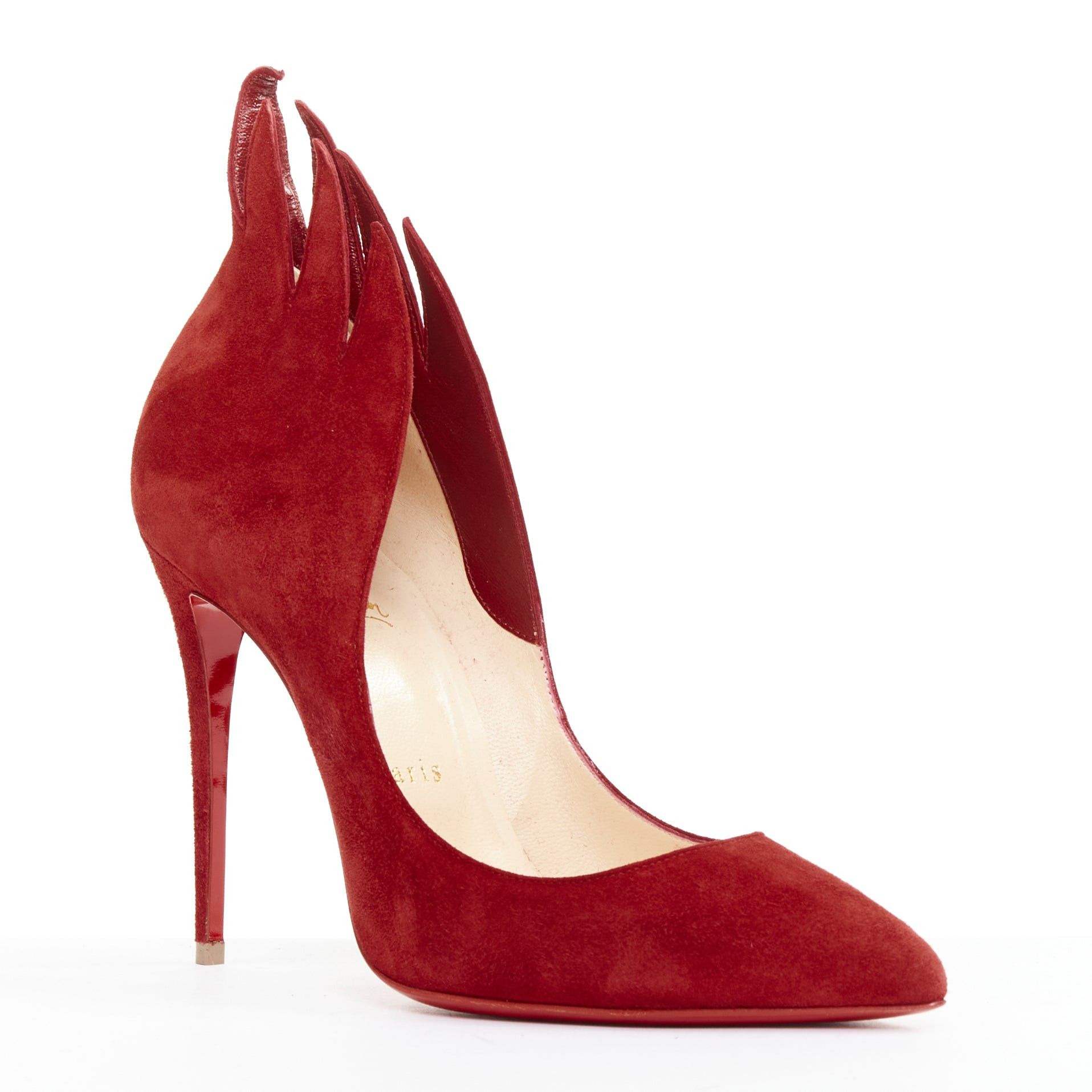 Christian Louboutin CHRISTIAN LOUBOUTIN Victorina 100 Veau Velours Carmin red suede flame topline pumps EU38 Size US 8 / IT 38 - 2 Thumbnail