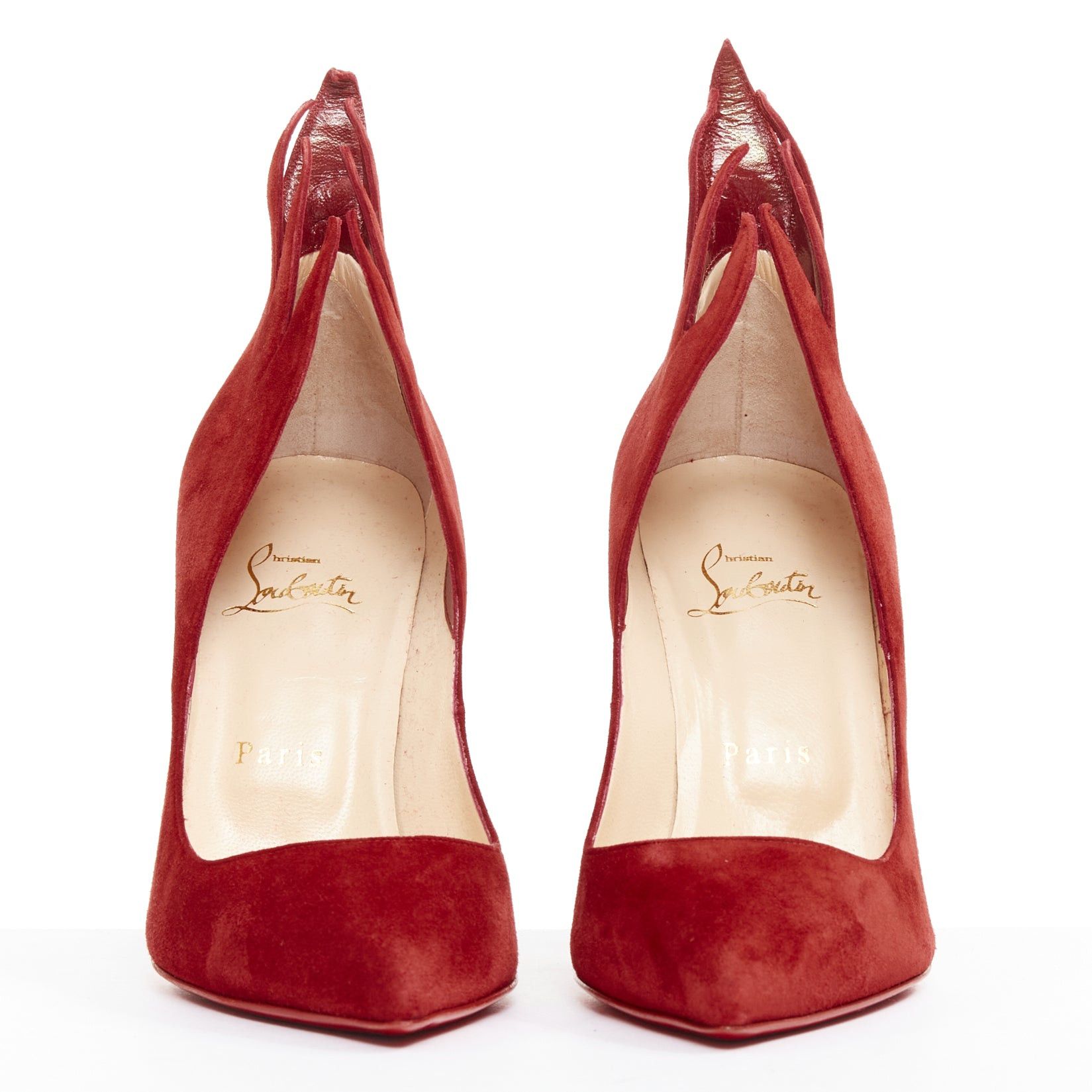 Christian Louboutin CHRISTIAN LOUBOUTIN Victorina 100 Veau Velours Carmin red suede flame topline pumps EU38 Size US 8 / IT 38 - 3 Thumbnail