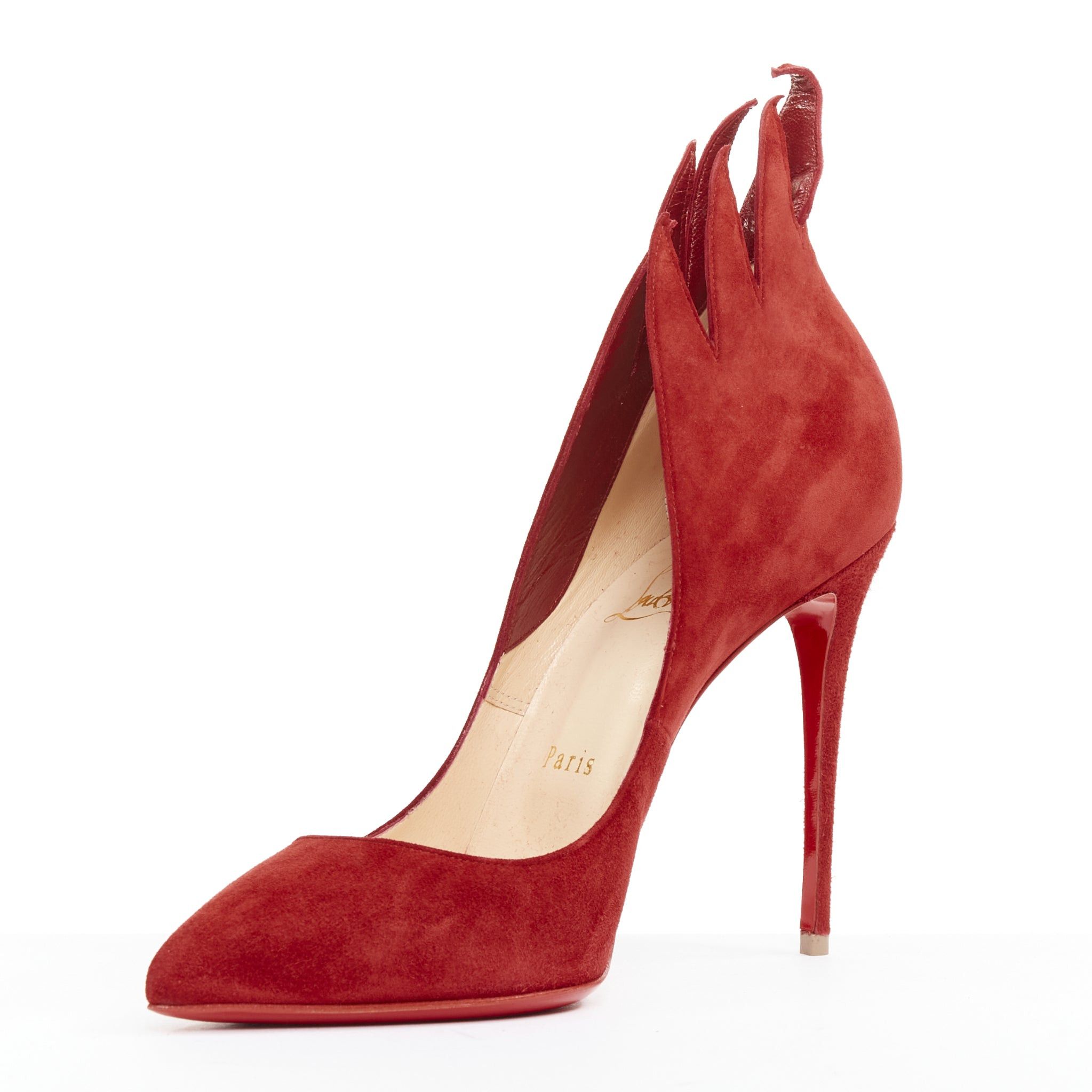 Christian Louboutin CHRISTIAN LOUBOUTIN Victorina 100 Veau Velours Carmin red suede flame topline pumps EU38 Size US 8 / IT 38 - 4 Thumbnail