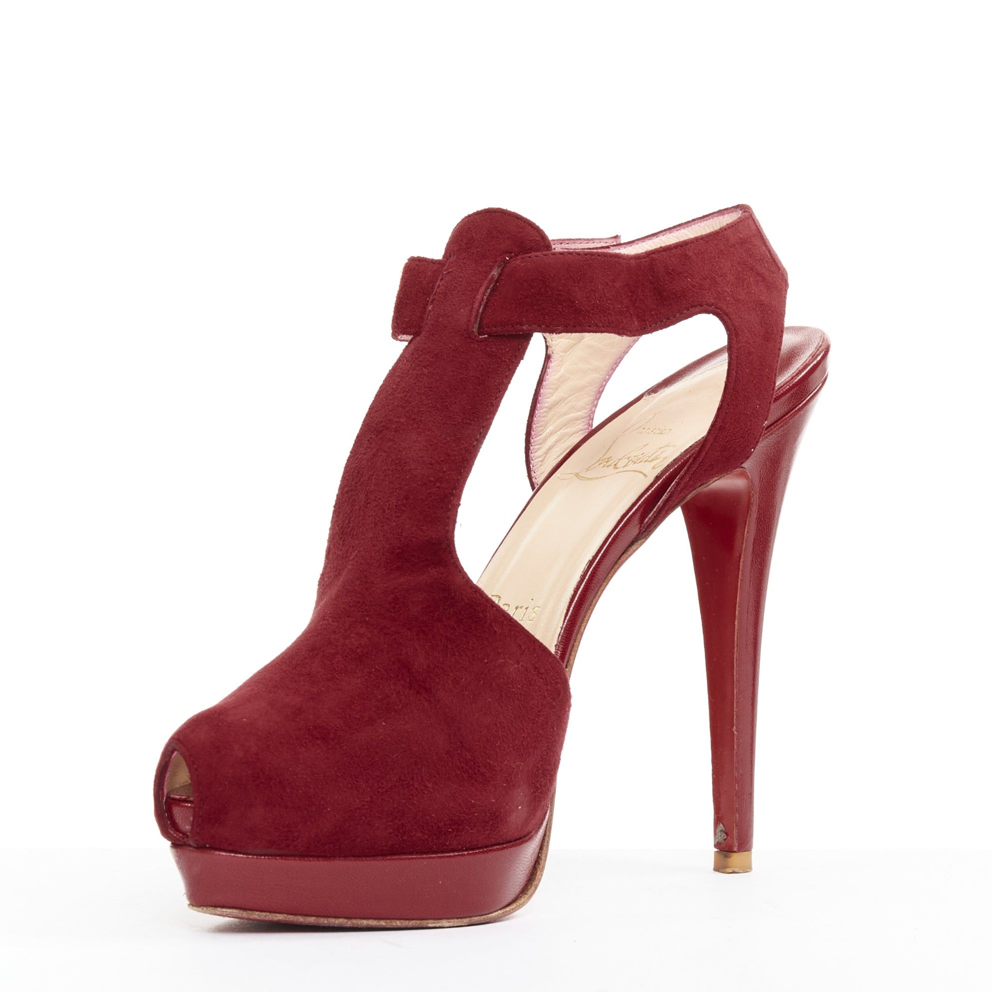 Christian Louboutin CHRISTIAN LOUBOUTIN Orlan 140 Suede dark red T strap platform buckle sandals EU38 Size US 8 / IT 38 - 4 Thumbnail