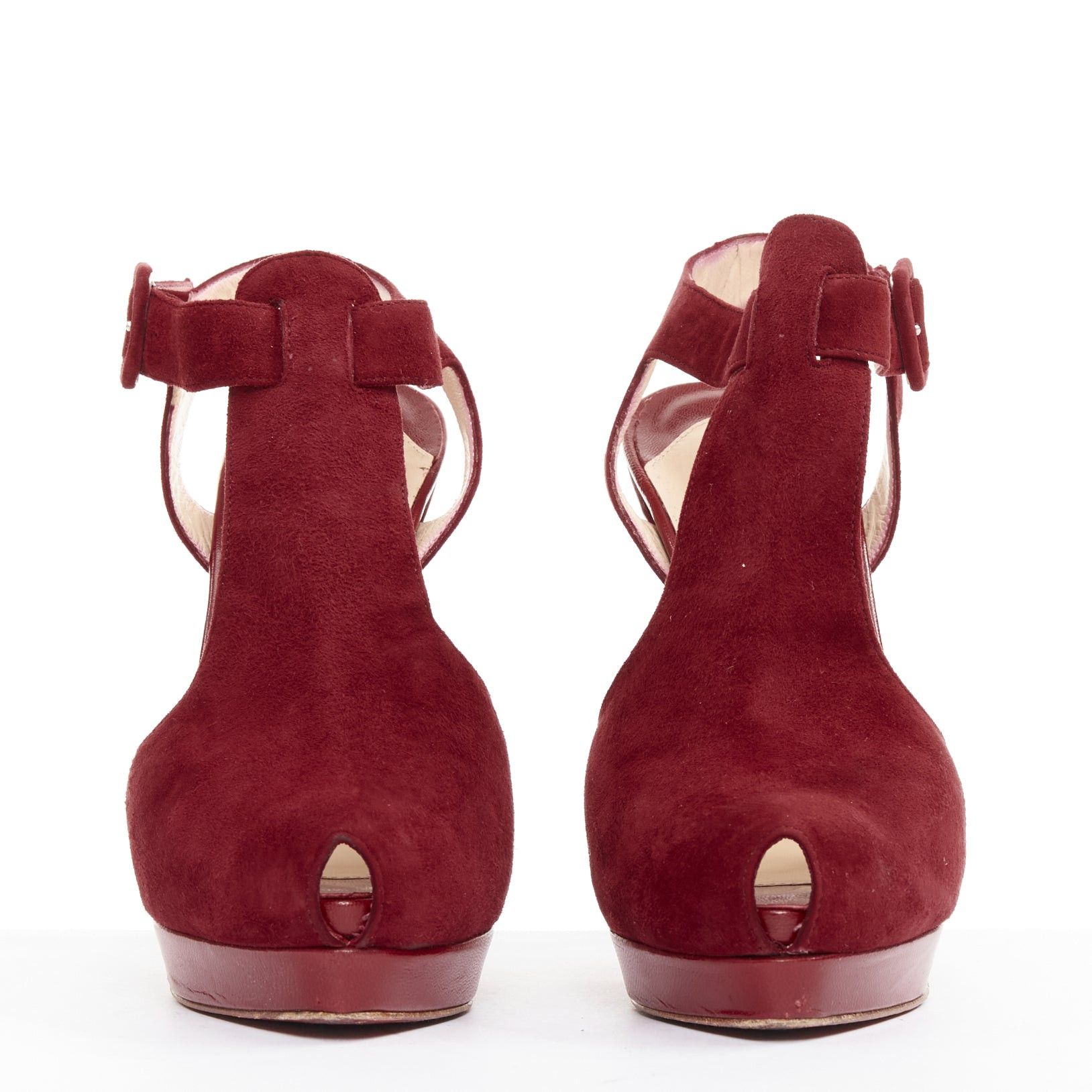 Christian Louboutin CHRISTIAN LOUBOUTIN Orlan 140 Suede dark red T strap platform buckle sandals EU38 Size US 8 / IT 38 - 3 Thumbnail