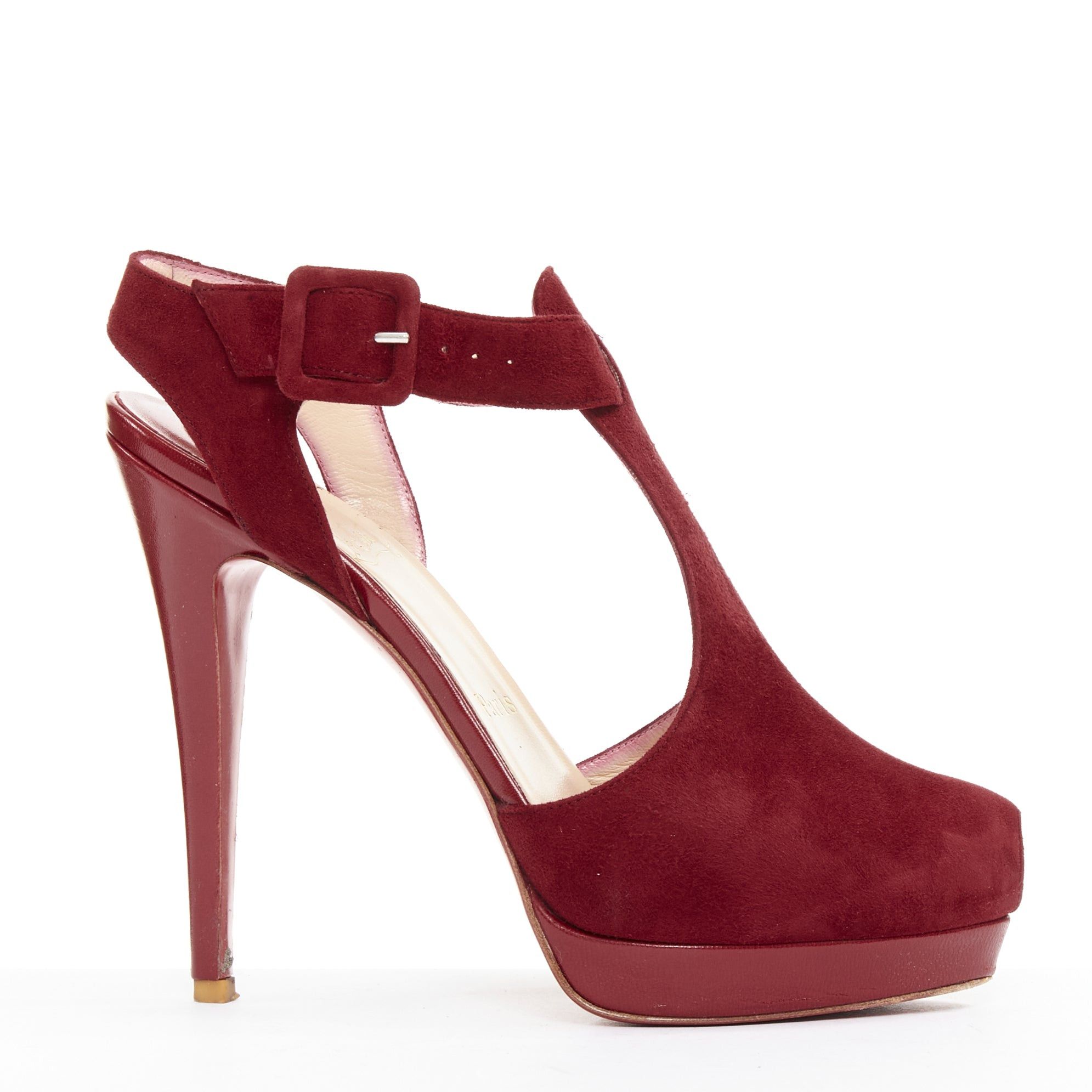 Christian Louboutin CHRISTIAN LOUBOUTIN Orlan 140 Suede dark red T strap platform buckle sandals EU38 Size US 8 / IT 38 - 2 Thumbnail