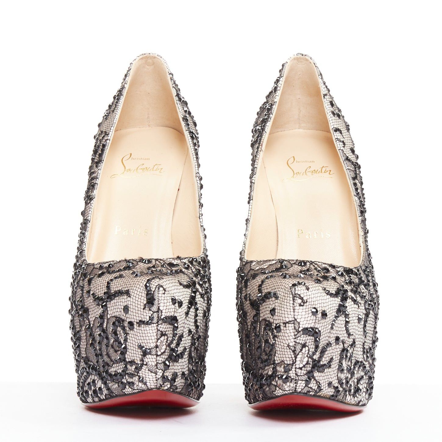 Christian Louboutin CHRISTIAN LOUBOUTIN Stardust 160 Satin Lace pink black strass embellished platform pumps EU37.5 Size US 7.5 / IT 37.5 - 3 Thumbnail