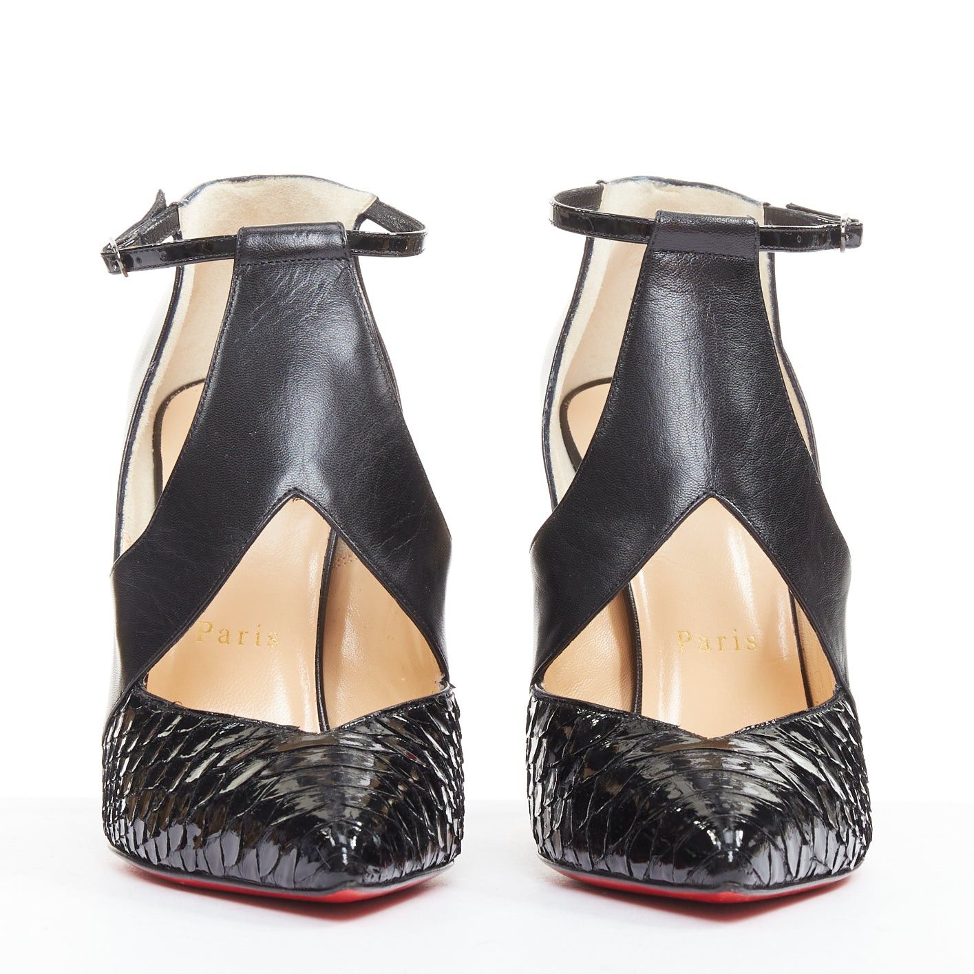 Christian Louboutin CHRISTIAN LOUBOUTIN Dictata 100 black polished scaled toe cut out T-strap pumps EU37.5 Size US 7.5 / IT 37.5 - 3 Thumbnail