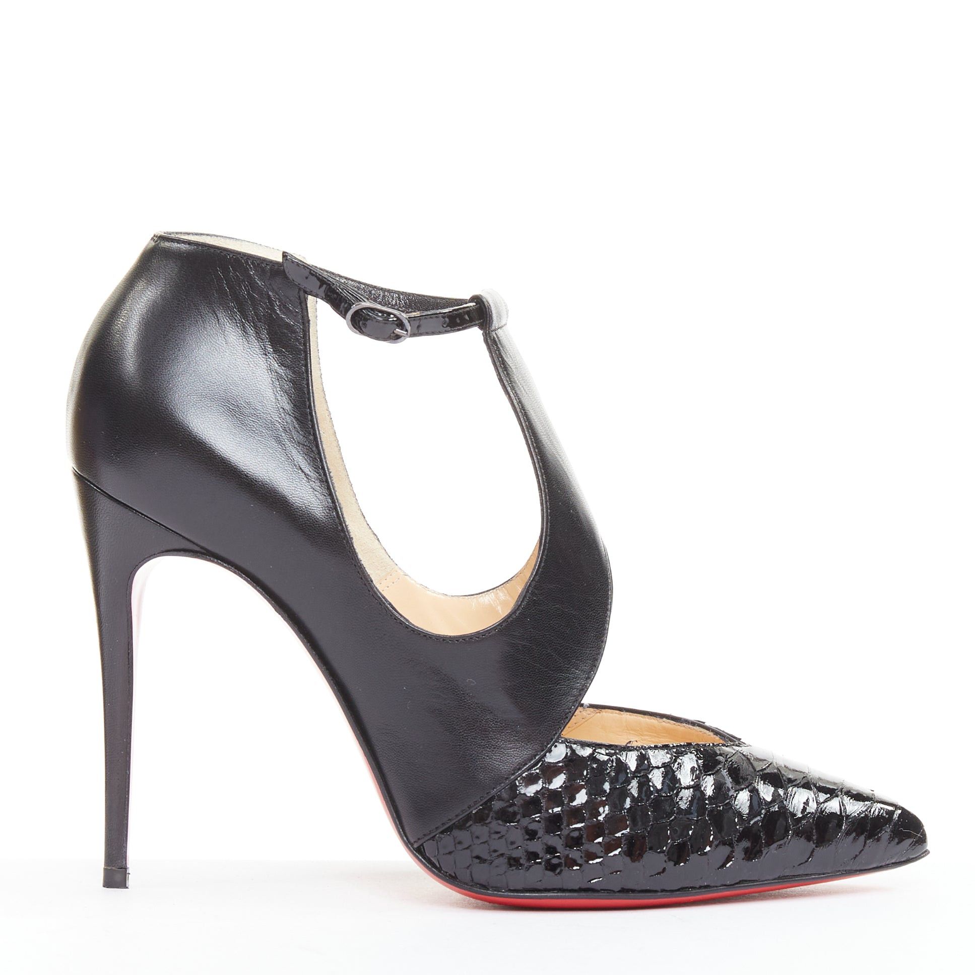 Christian Louboutin CHRISTIAN LOUBOUTIN Dictata 100 black polished scaled toe cut out T-strap pumps EU37.5 Size US 7.5 / IT 37.5 - 2 Thumbnail
