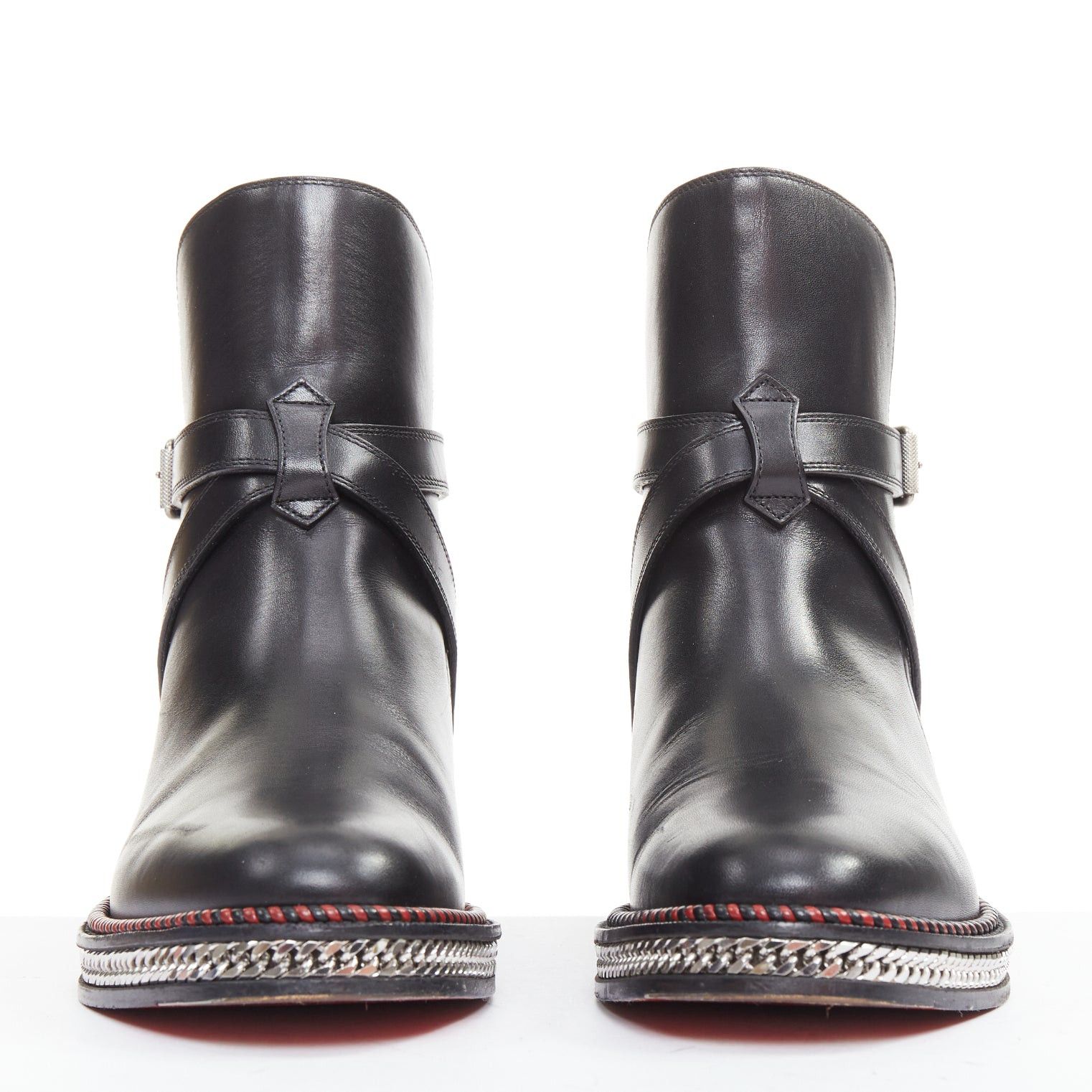 Christian Louboutin CHRISTIAN LOUBOUTIN Chelsea Chain Flat Calf Brosse black silver embellished buckle boots EU38 Size US 8 / IT 38 - 3 Thumbnail
