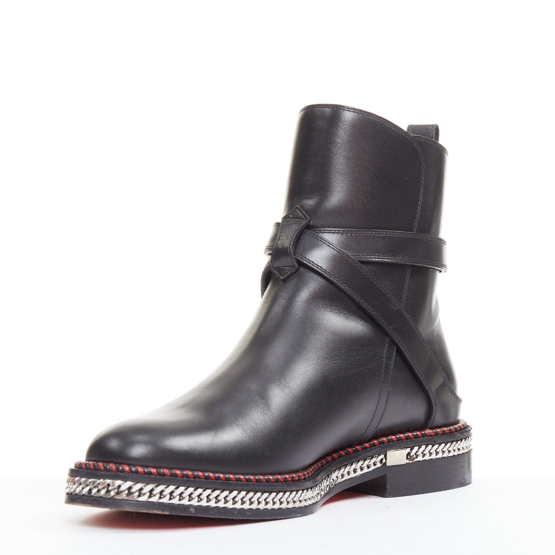 Christian Louboutin CHRISTIAN LOUBOUTIN Chelsea Chain Flat Calf Brosse black silver embellished buckle boots EU38 Size US 8 / IT 38 - 4 Thumbnail