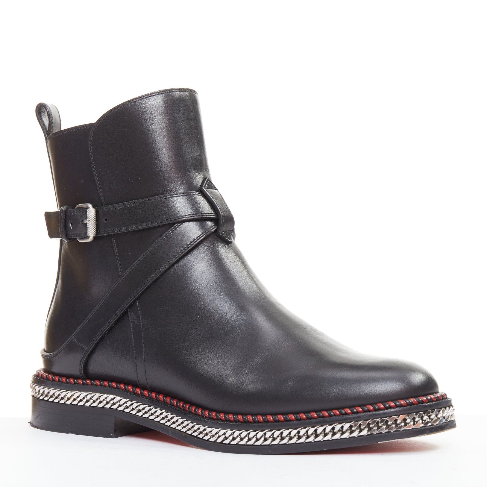 Christian Louboutin CHRISTIAN LOUBOUTIN Chelsea Chain Flat Calf Brosse black silver embellished buckle boots EU38 Size US 8 / IT 38 - 2 Thumbnail