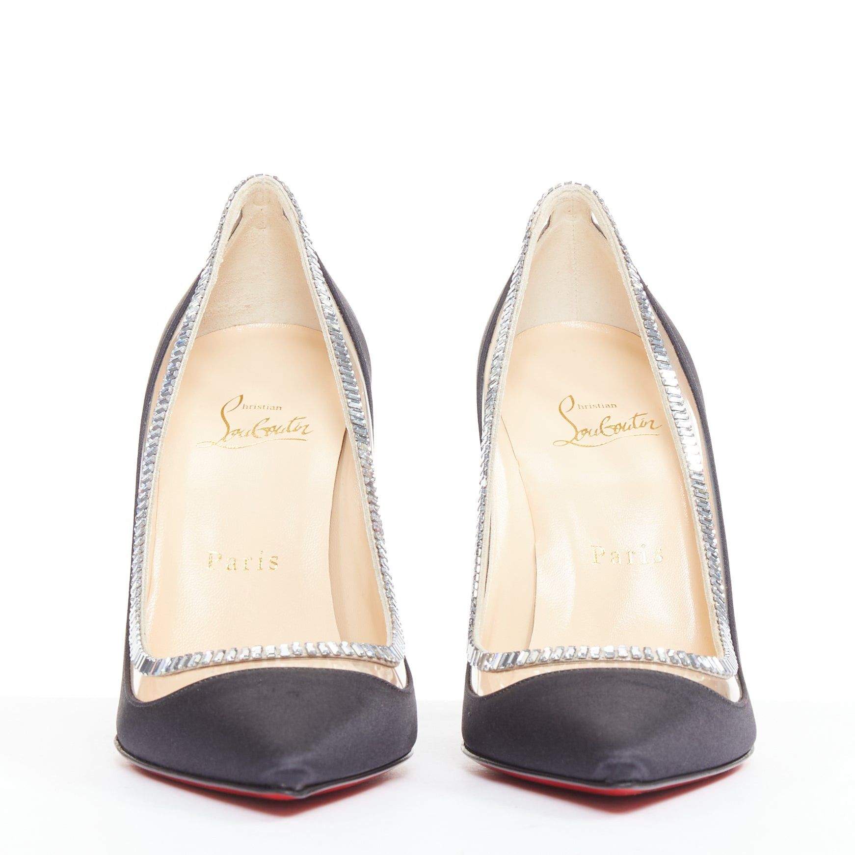 Christian Louboutin CHRISTIAN LOUBOUTIN Paulina Strass 100 Crepe Satin black PVC baguette crystal pumps EU37.5 Size US 7.5 / IT 37.5 - 3 Thumbnail