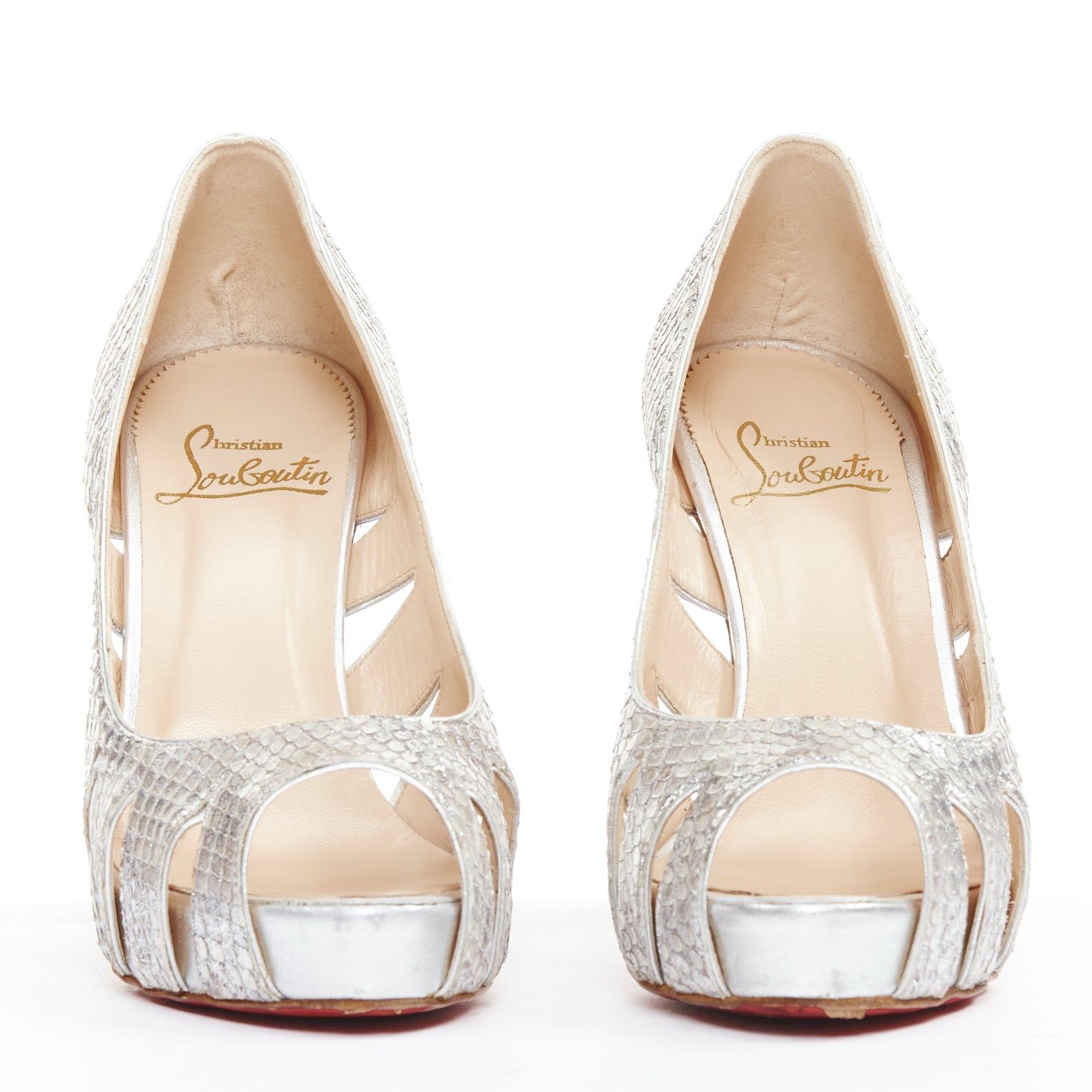 Christian Louboutin CHRISTIAN LOUBOUTIN Fontanete silver scaled leather cut out peep toe stiletto platforms EU37.5 Size US 7.5 / IT 37.5 - 3 Thumbnail