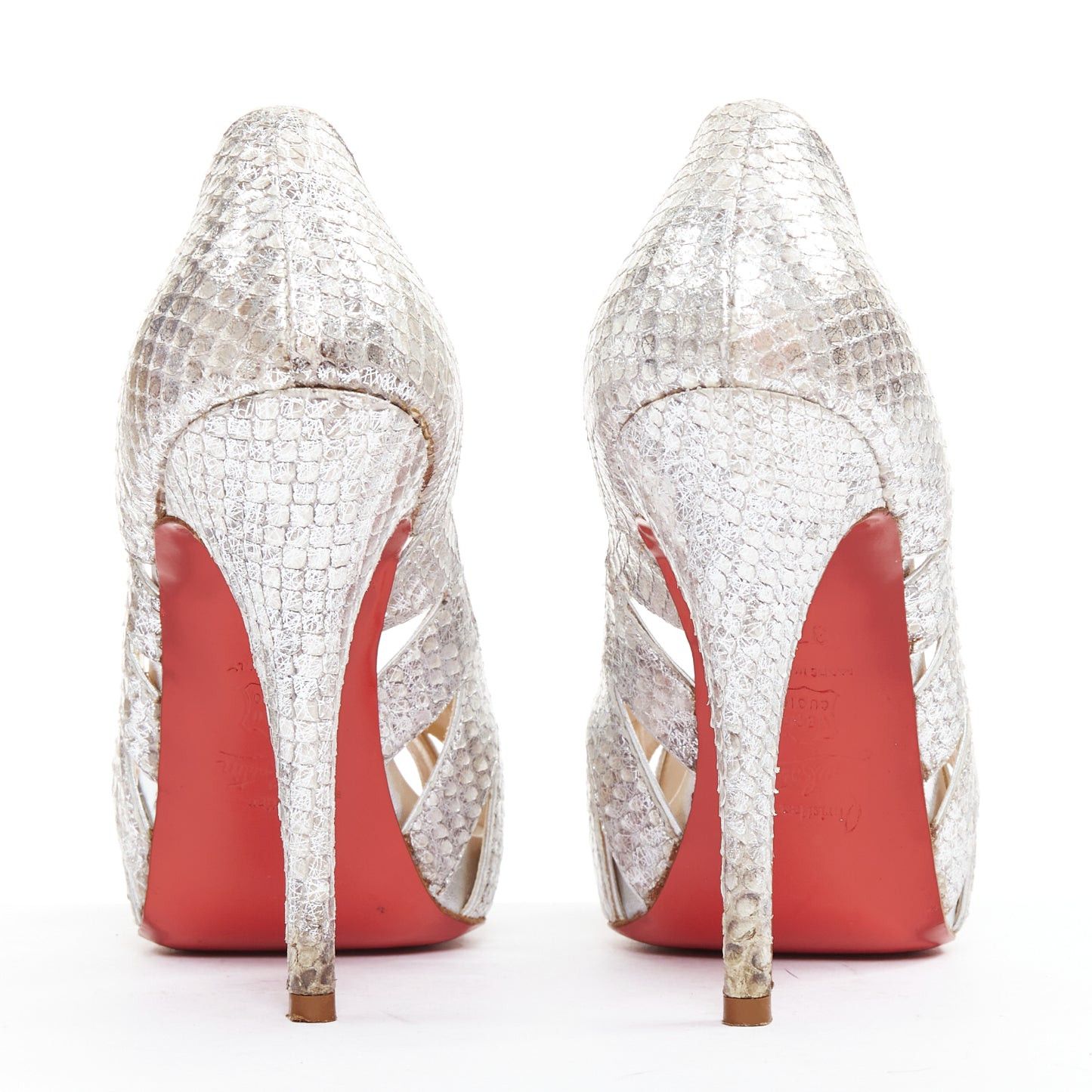 Christian Louboutin CHRISTIAN LOUBOUTIN Fontanete silver scaled leather cut out peep toe stiletto platforms EU37.5 Size US 7.5 / IT 37.5 - 5 Thumbnail
