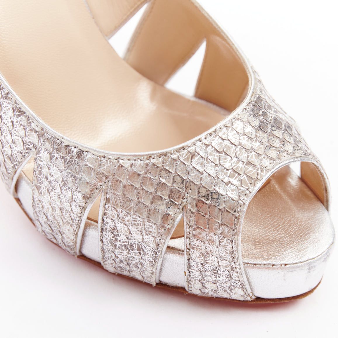 Christian Louboutin CHRISTIAN LOUBOUTIN Fontanete silver scaled leather cut out peep toe stiletto platforms EU37.5 Size US 7.5 / IT 37.5 - 7 Thumbnail